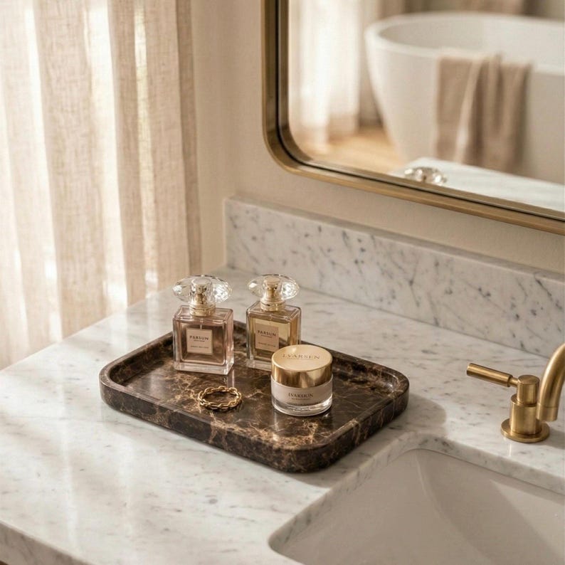 Luxury Brown Marble Vanity Tray - Handmade Natural Stone Tray - Bathroom Organizer Set - Hand Polished Decorative Tray for Housewarming Gift image 12
