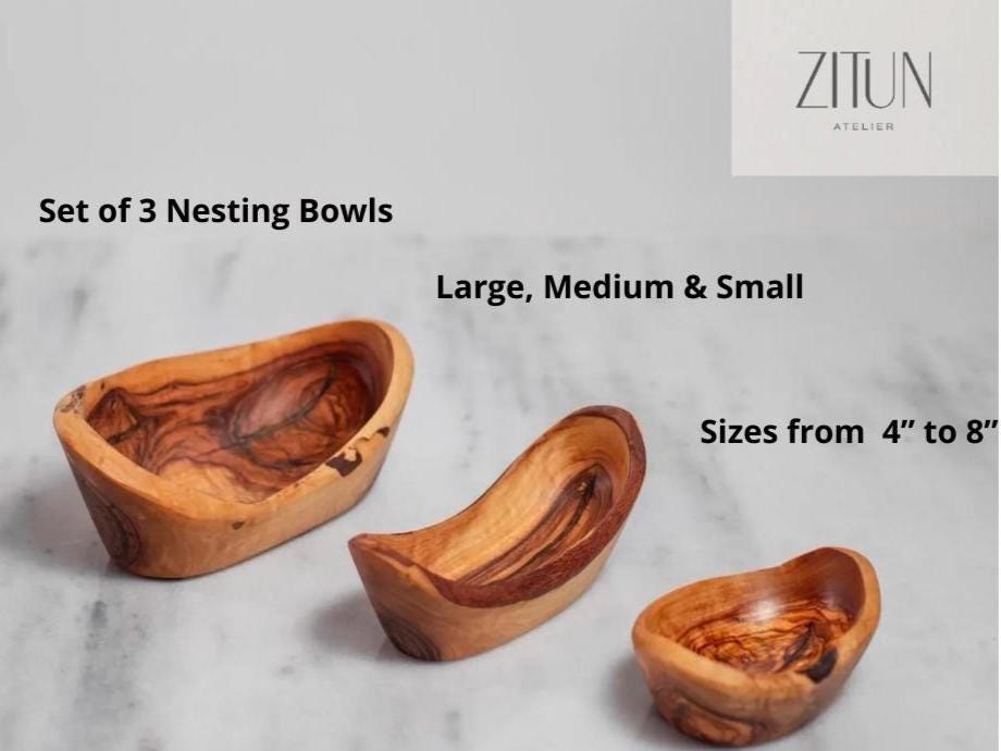 Handmade Olive Wood Nesting Bowls: Rustic Canoe-Shaped Serving Set - Thumbnail 6