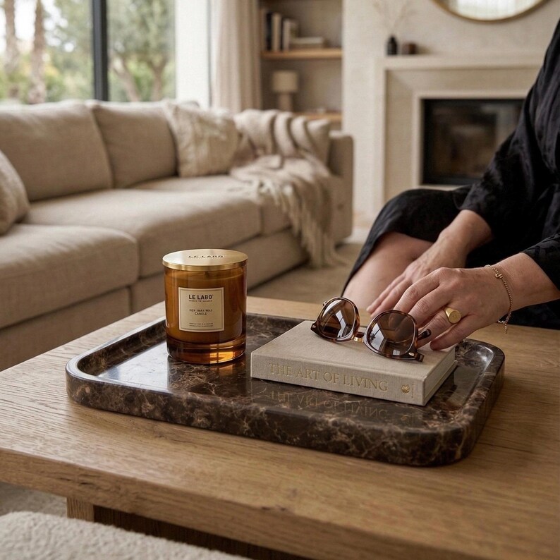 Luxury Brown Marble Vanity Tray - Handmade Natural Stone Tray - Bathroom Organizer Set - Hand Polished Decorative Tray for Housewarming Gift image 17