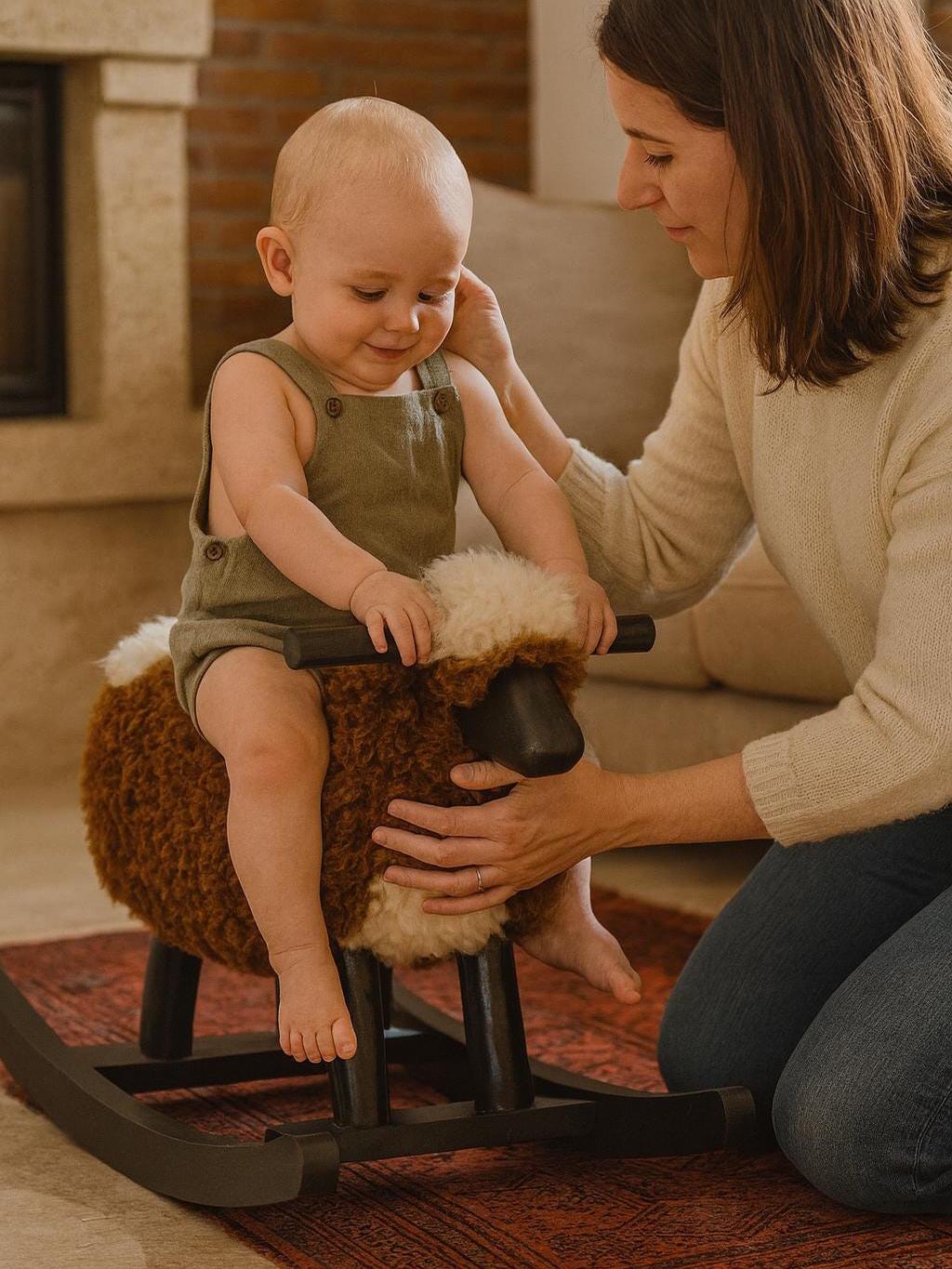Handmade Sheepskin Wooden Rocking Sheep – Luxury Nursery Decor