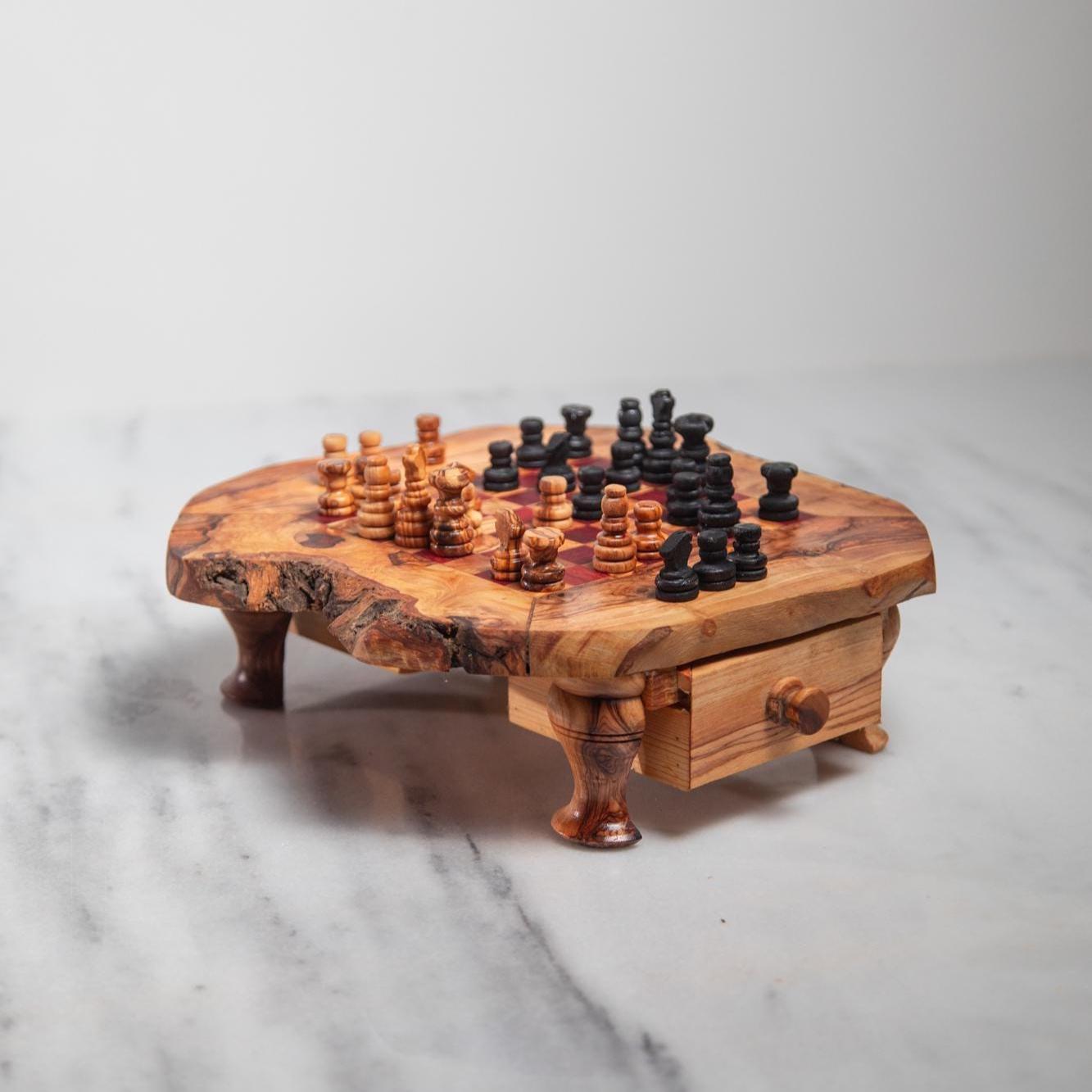 Handmade Olive Wood Chess Table – Red & Beige Squares – Game Table with Storage – Rustic Short-Leg Design – 3 Sizes - Thumbnail 2
