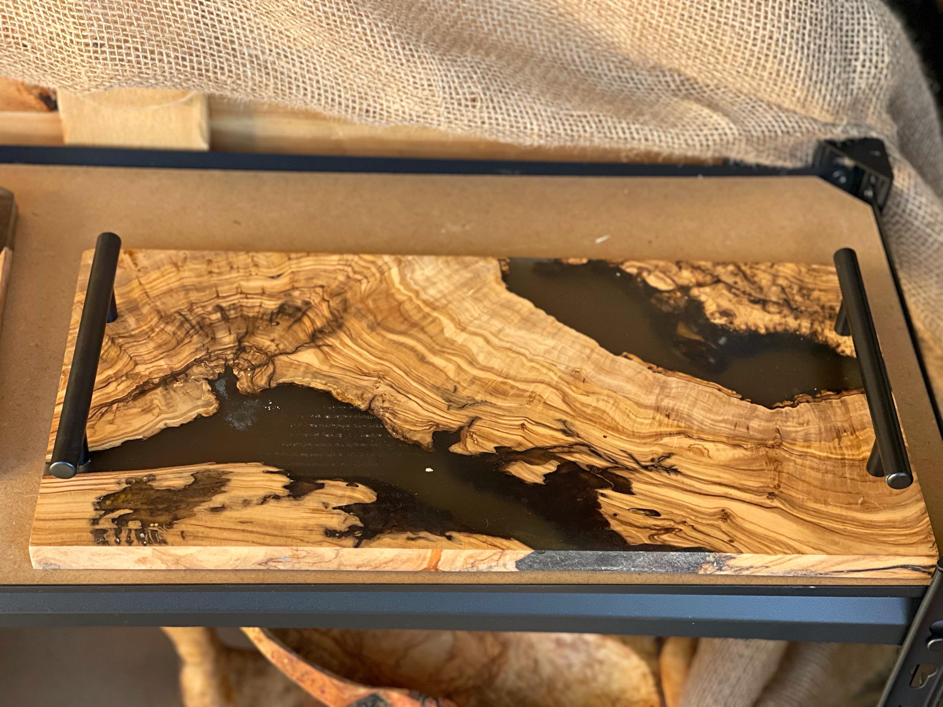 Serving Tray –Olive Wood & Black Resin Tray -Handmade Mediterranean Tray | Olive Wood Decor | Resin Inlay -Handcrafted Elegance - Thumbnail 6