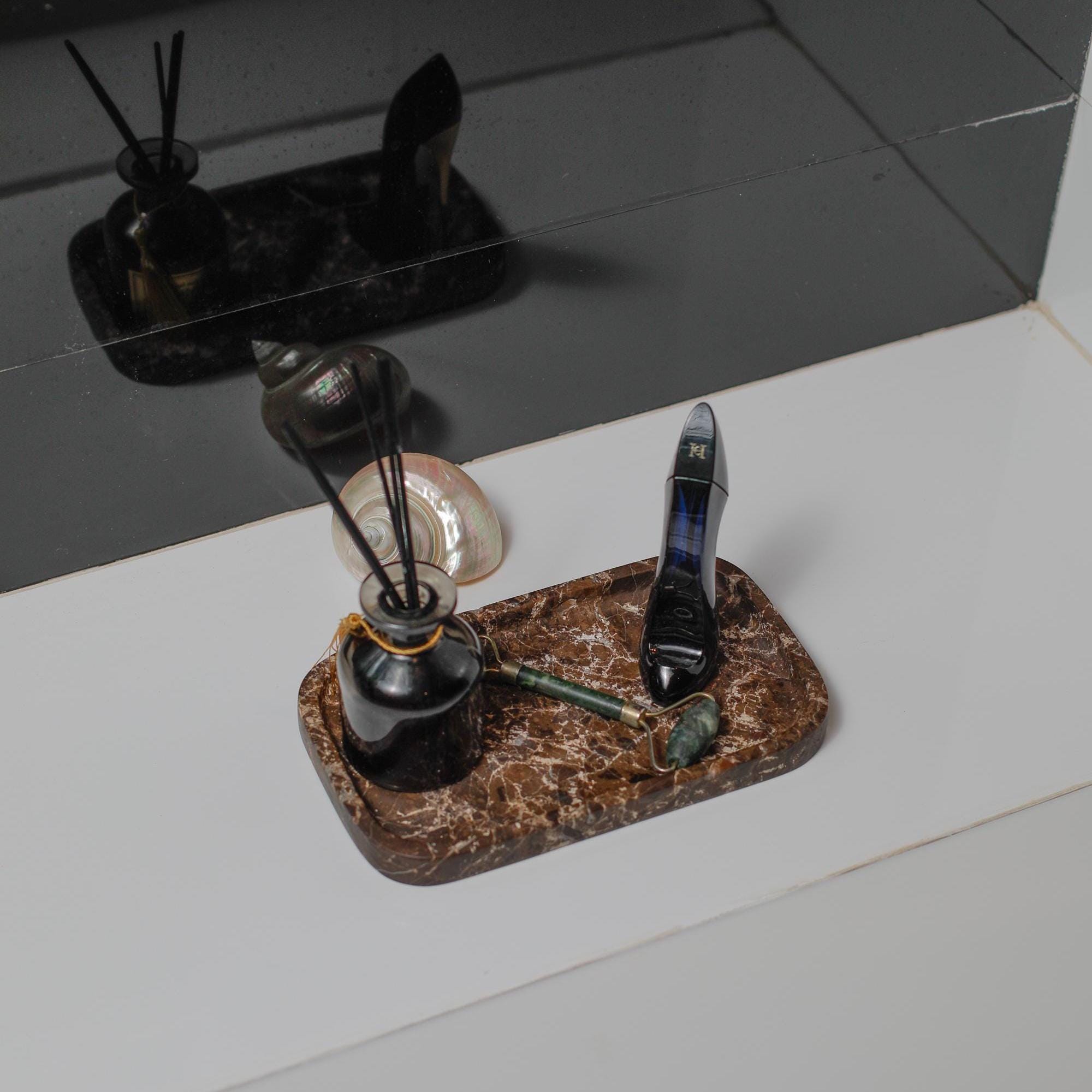 Dark Brown Marble Tray – Handmade Natural Stone Vanity and Bathroom Organizer - Thumbnail 7