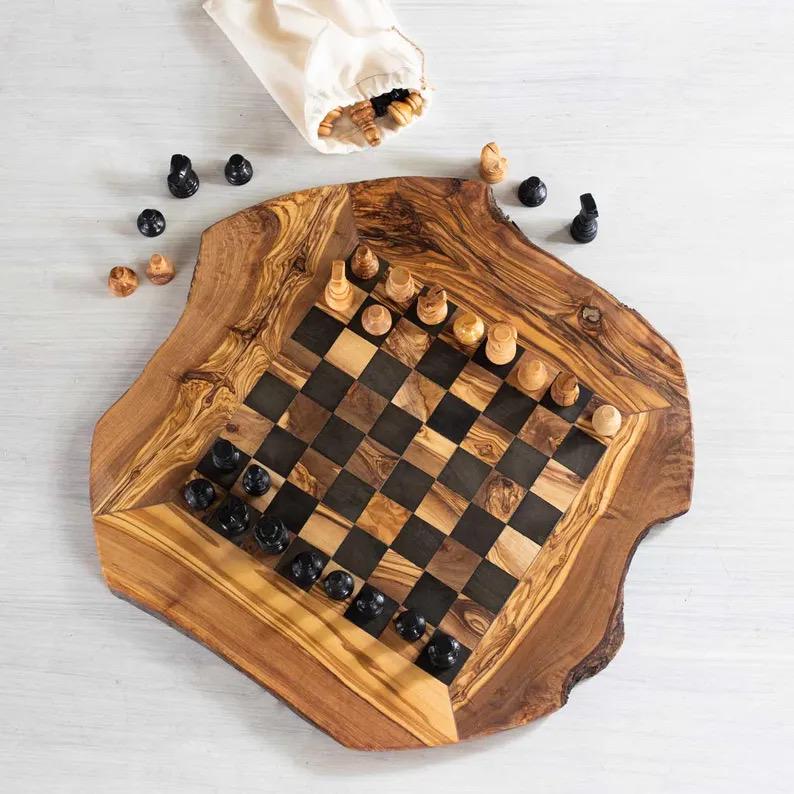 Handmade Olive Wood Chess Board | Rustic Premium Mediterranean Olive Wood Board - Thumbnail 3