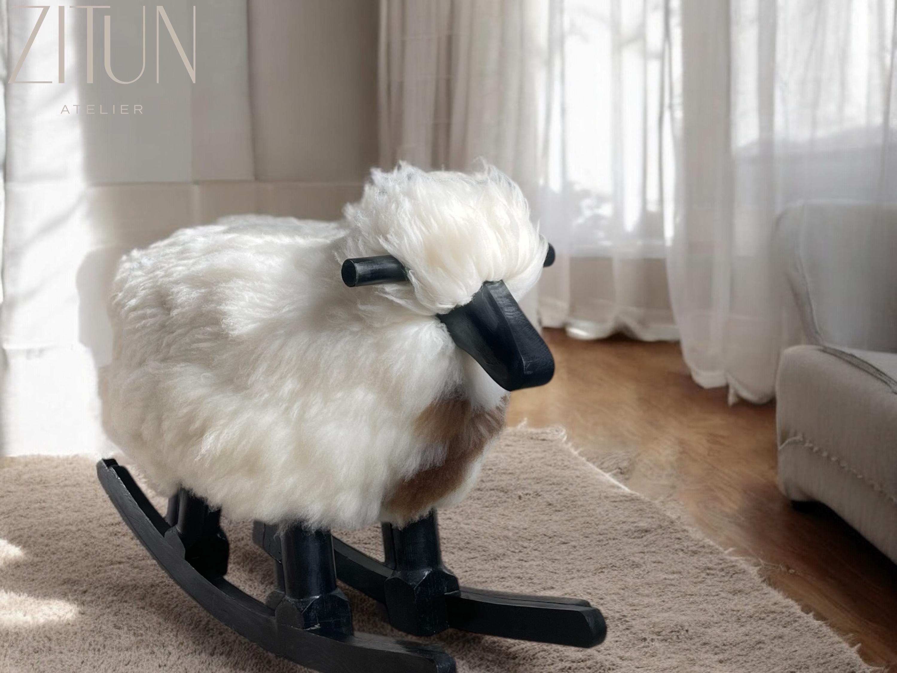 Sheep Rocking Chair, Sheep with Real Wool and Red Wood, Nursery Decorative Sheep Rocking chair |  Unique Gift Idea| Authentic Sheep Fleece - Thumbnail 4