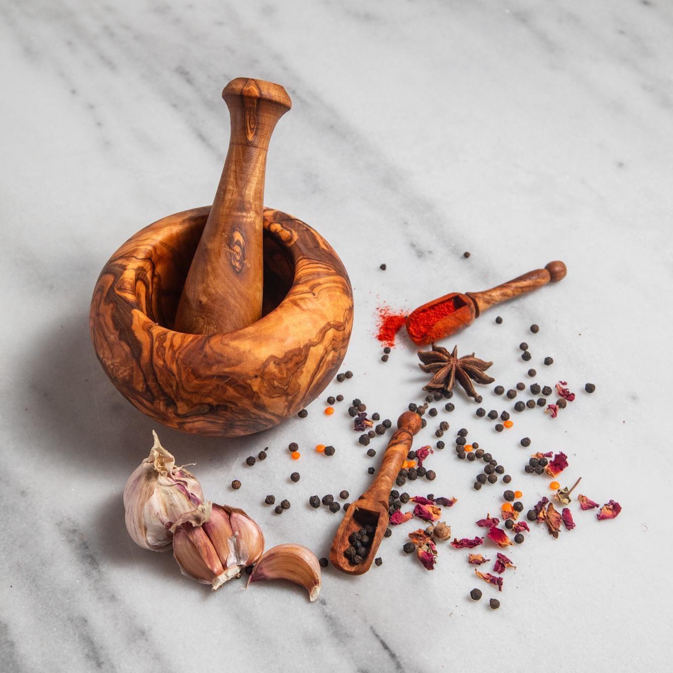 Rustic Olive Wood Mortar and Pestle – Organic Shape – Handmade Spice Grinder Bowl – Tunisian Artisan Kitchen Tool - Thumbnail 2