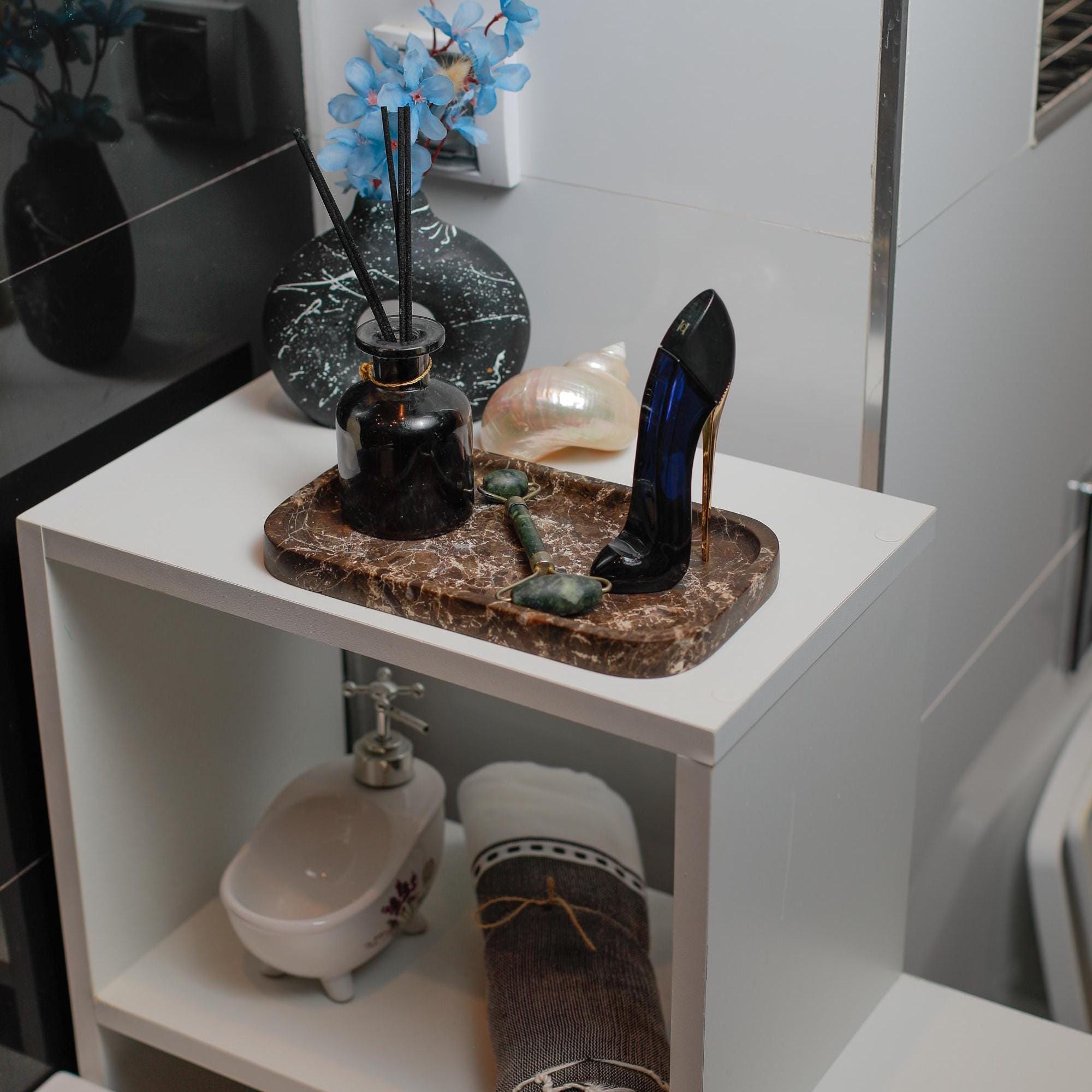 Beige earth tone Marble Tray – Handmade Natural Stone Vanity and Bathroom Organizer - Thumbnail 5