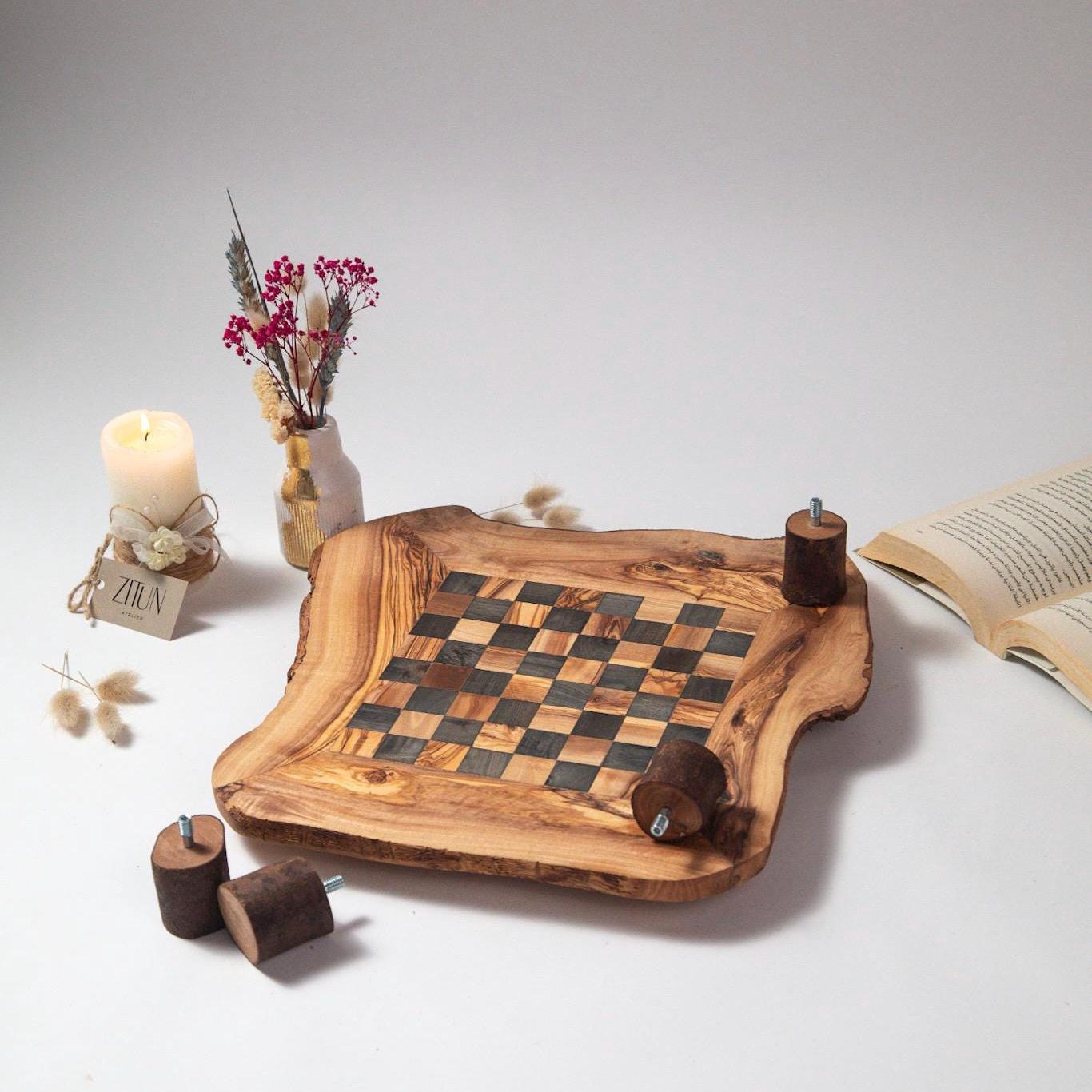 Handmade Olive Wood Chess Set: Rustic Board Game with Riser - Thumbnail 6