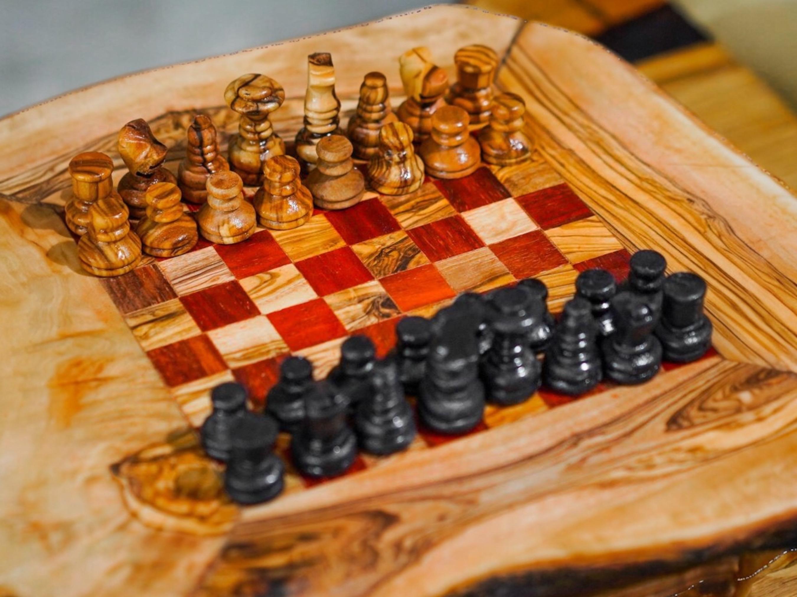 Rustic Chess Board with Storage and Pieces; Handmade Premium Olive Wood Board Game| Unique Gift for Chess Lovers| Wood Home| Red Chess Board - Thumbnail 4
