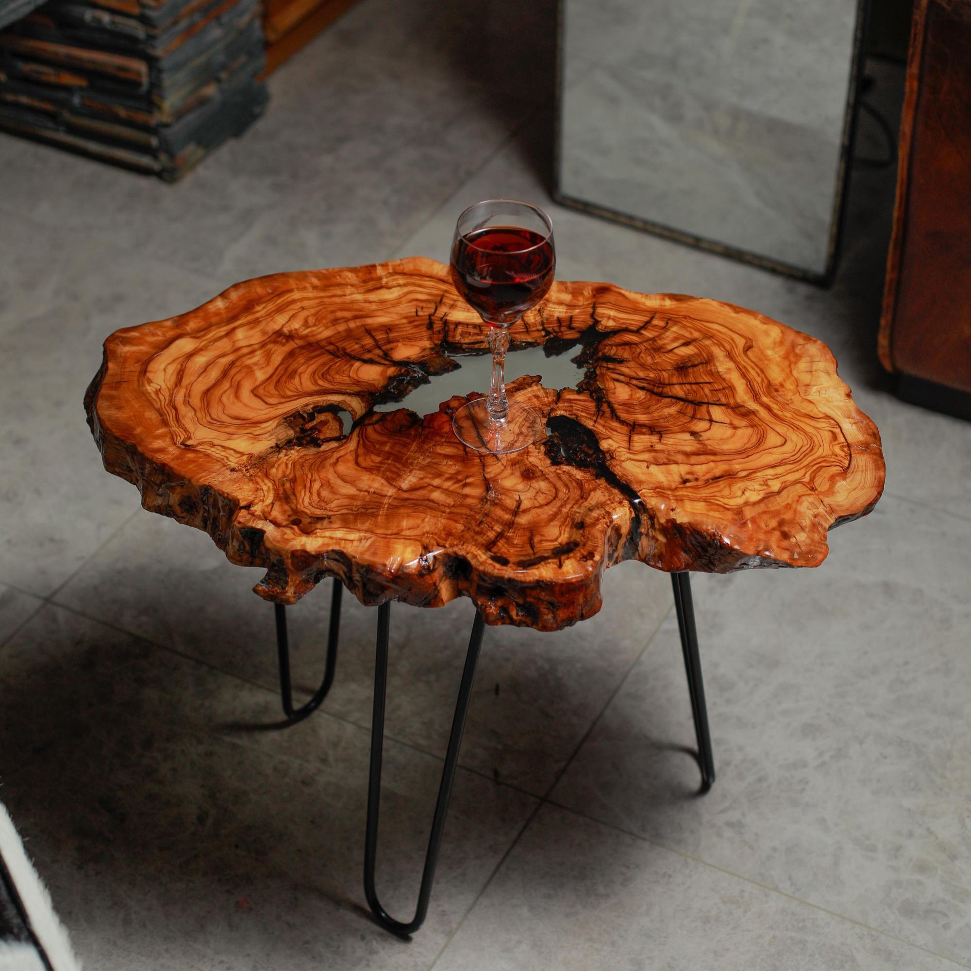 Handmade Olive Wood Live Edge Coffee table with Resin, Unique coffee table,  Natural Olive Tree Solid Wood Side Table - Thumbnail 3