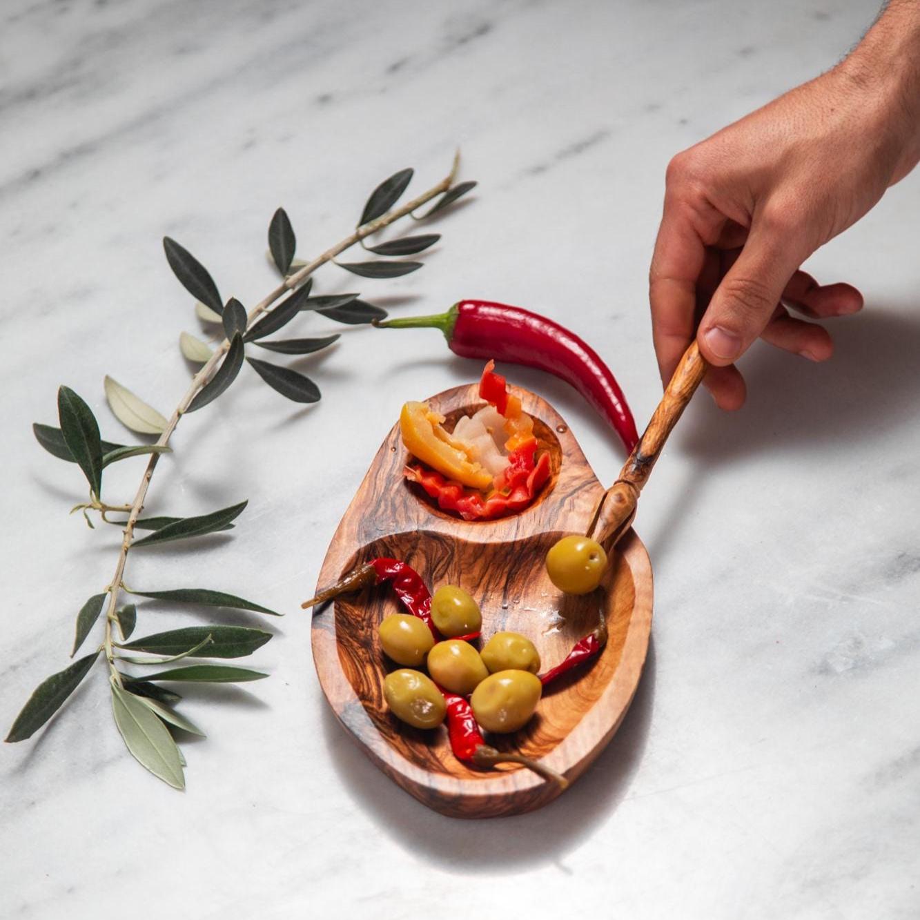 Olive Wood Snack Tray – Handcrafted Artisan Dish with Fork Set