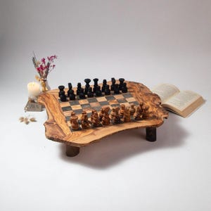 Handmade Olive Wood Chess Set, Live Edge Elevated Chess Board with Removable Legs