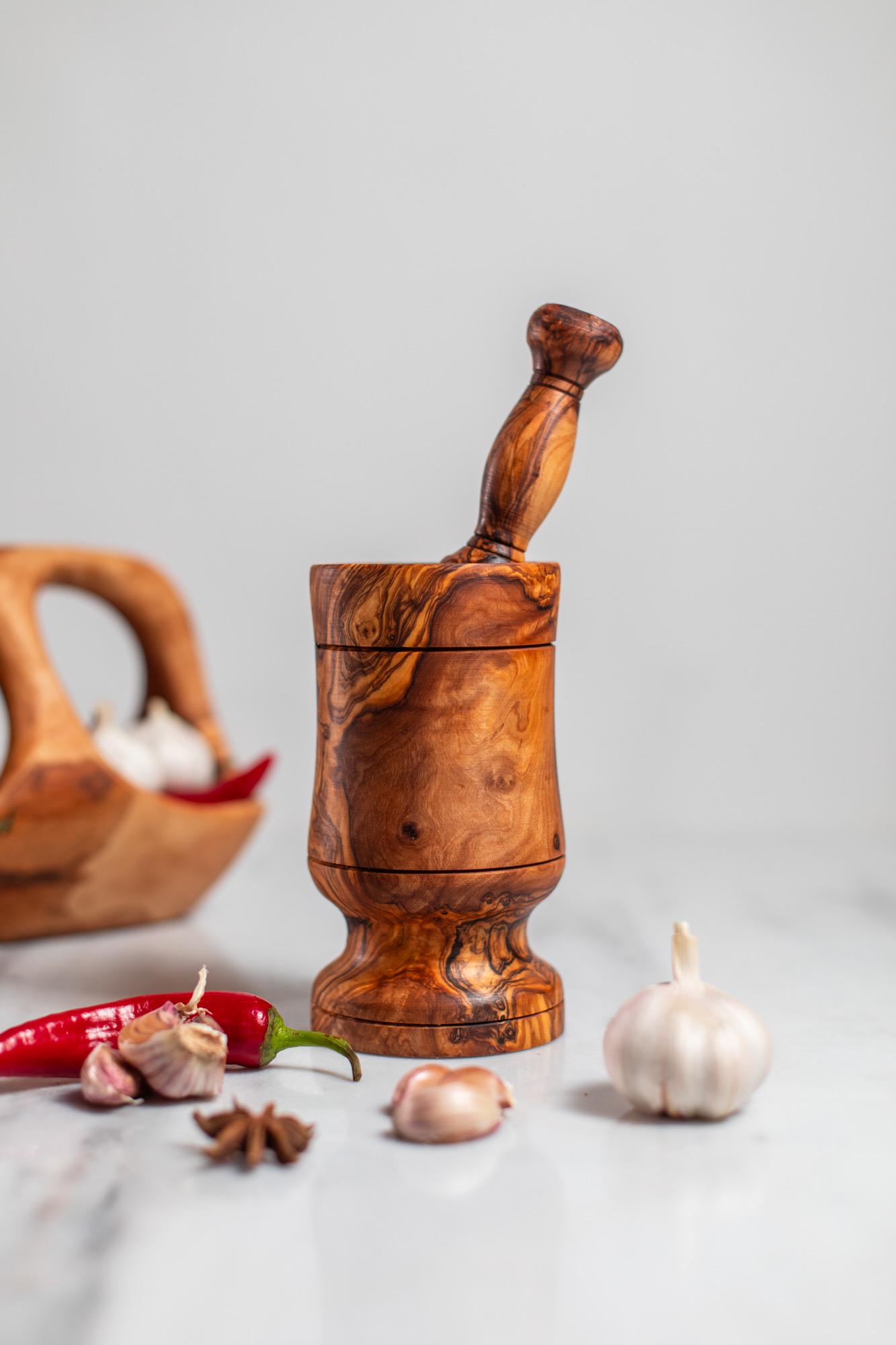 Olive Wood Mortar and Pestle – Handcrafted Rustic Spice Grinder | Herb Crusher, Kitchen Tool & Gift, Natural Wood - Image 1