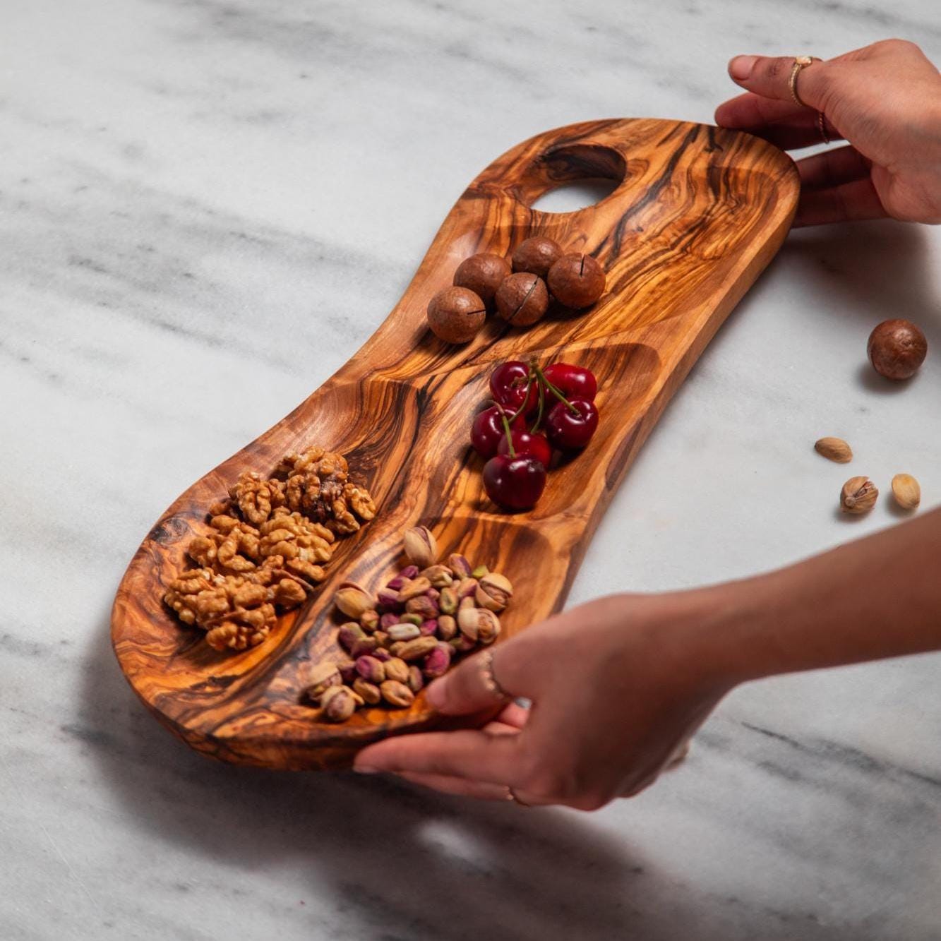 Olive Wood 4 Section Appetizer Tray for Nuts Fruits Snacks Dips Charcuterie | Rustic Handmade Segmented Serving Board for USA Kitchens - Thumbnail 3
