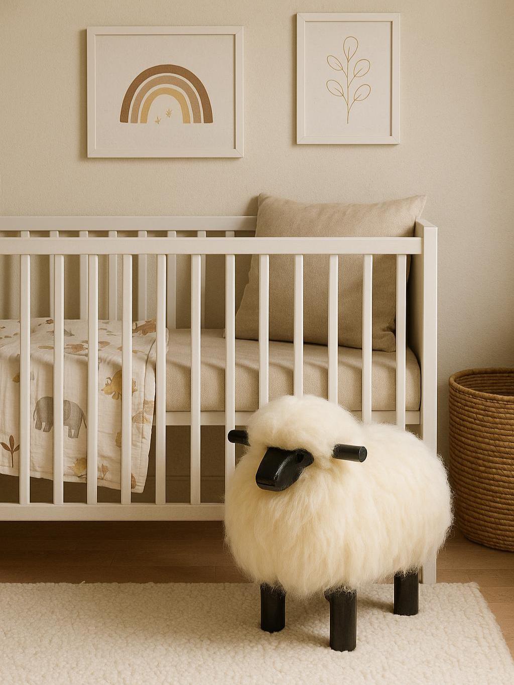 Handmade Sheep Stool: Wooden & Sheepskin Decorative Chair