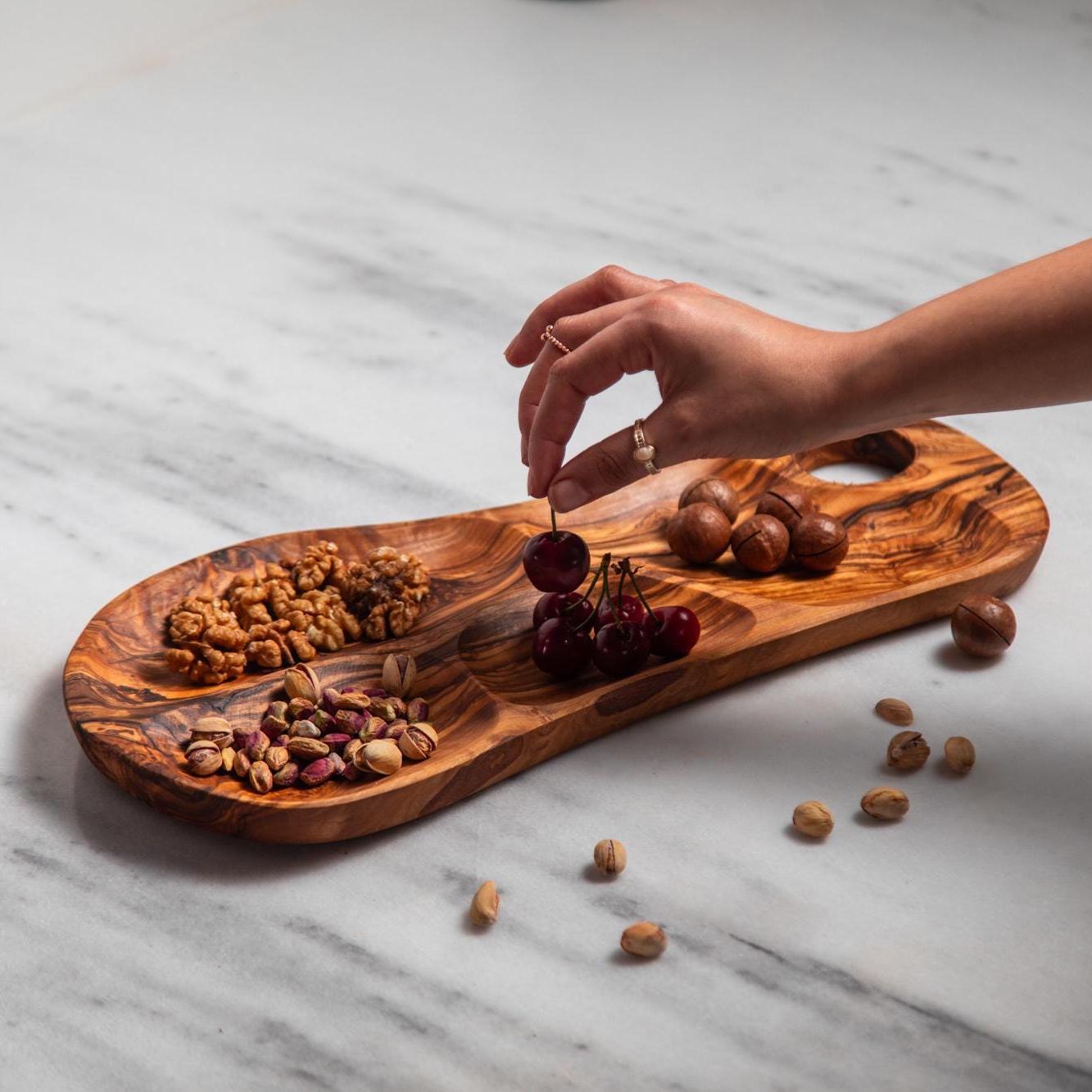 Olive Wood 4 Section Appetizer Tray for Nuts Fruits Snacks Dips Charcuterie | Rustic Handmade Segmented Serving Board for USA Kitchens - Thumbnail 4