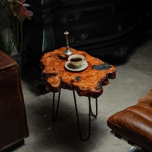 Handmade Olive Wood Live Edge Coffee Table with Smoke Resin – One of a Kind Charcoal Gray Epoxy Accent Table – Rustic Modern Furniture