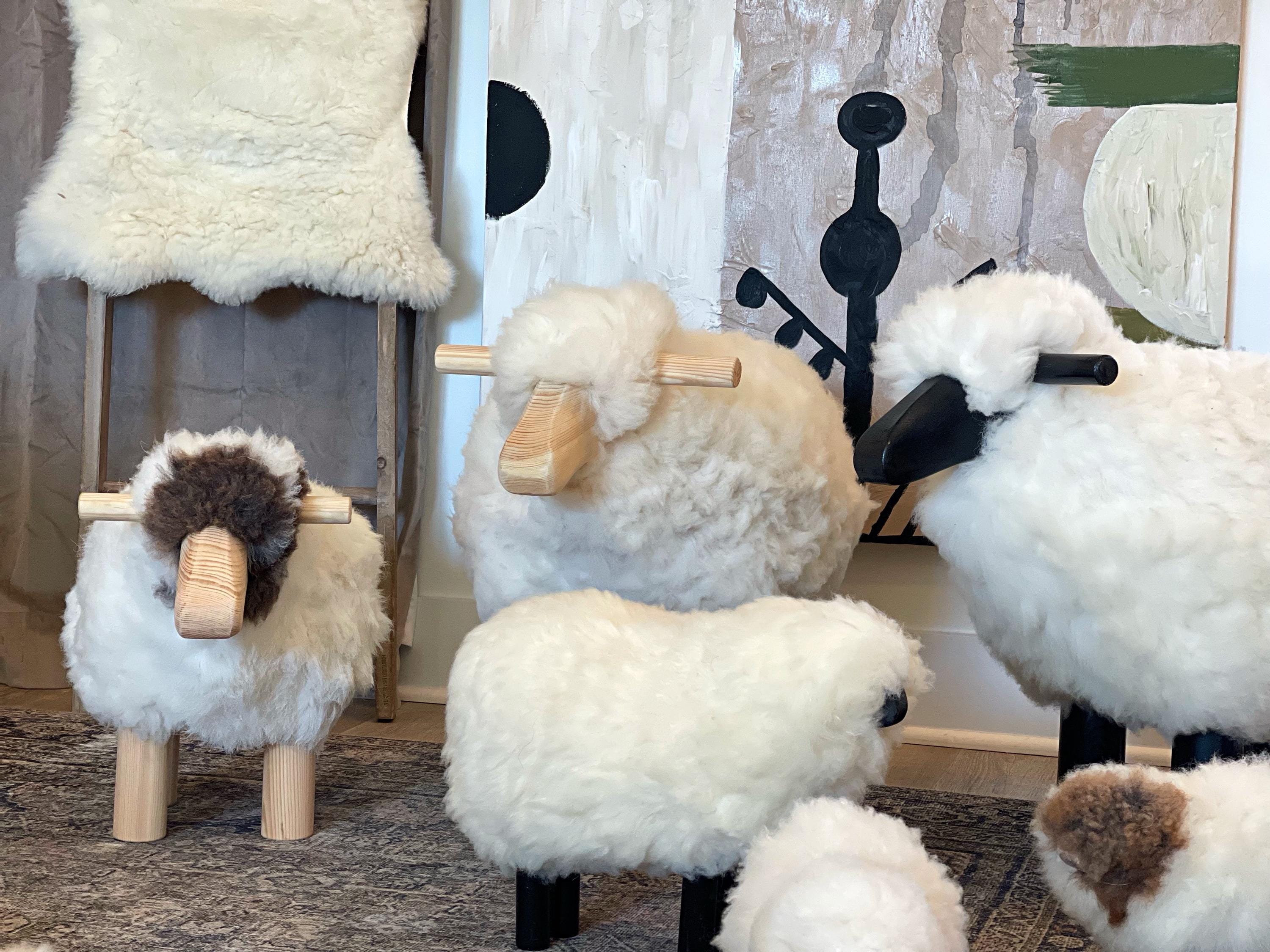 Sheep Stool , Handmade Wooden & Sheep Fleece Decorative Chair | Nursery Decor | Authentic Sheepskin | Very Limited Stock - Thumbnail 6