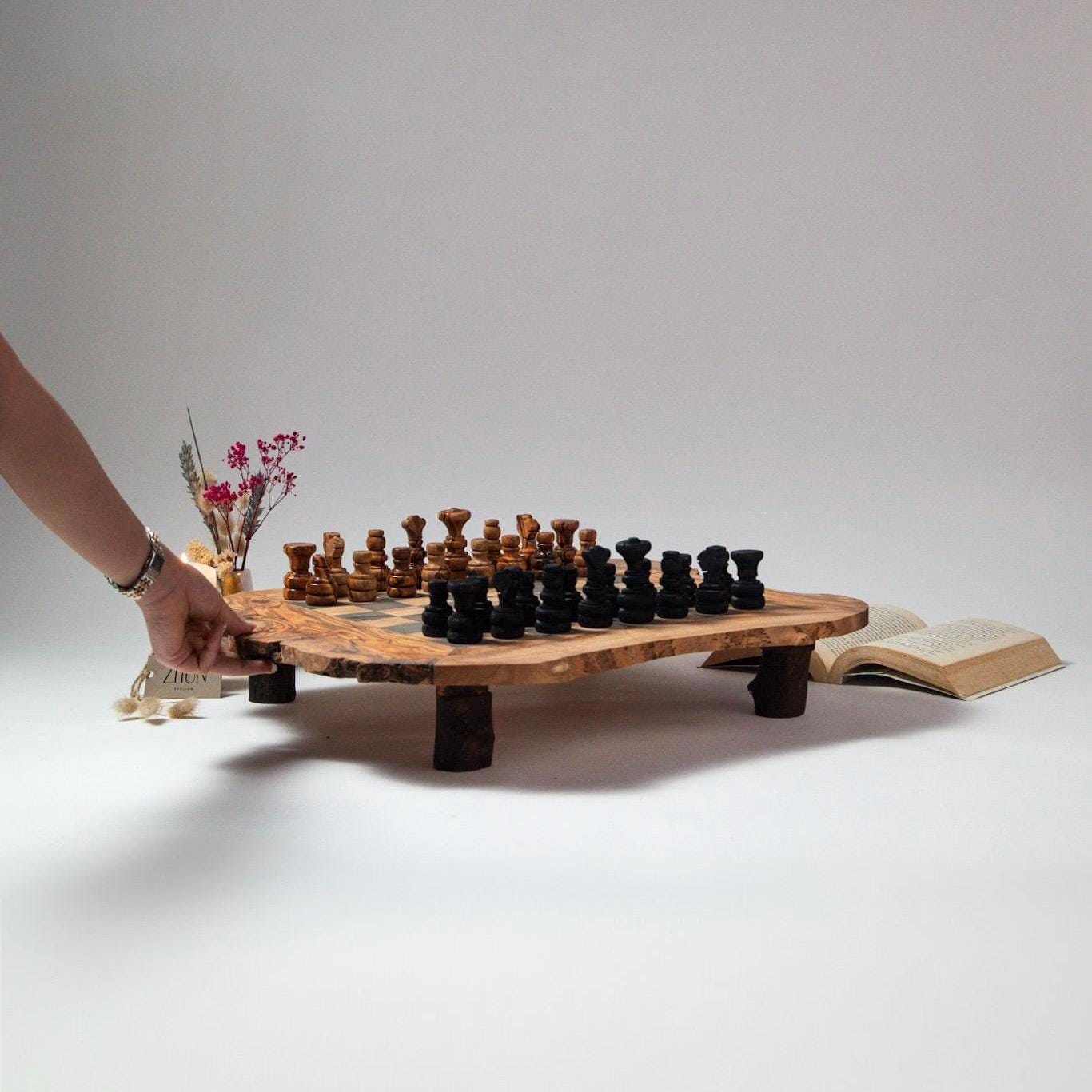 Handmade Olive Wood Chess Set: Rustic Board Game with Riser - Thumbnail 5