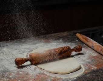 Handmade Olive Wood Rolling Pin - Wooden Pastry Roller with Ergonomic Handles - Smooth Baking Tool for Pies & Bread - Hardwood Dough Roller