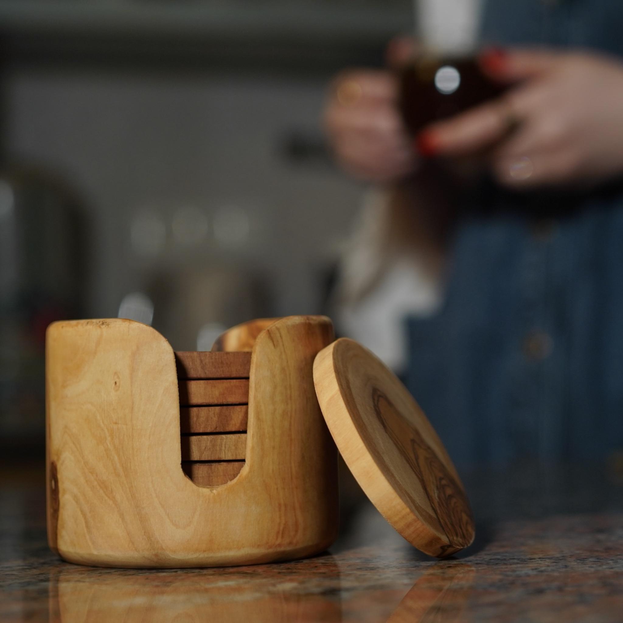 Coasters Set | Handmade with Olive Wood | Unique Rustic Wooden Coasters |Natural Coaster Set | handcrafted kitchenware |Set Of 6 Coasters - Thumbnail 3
