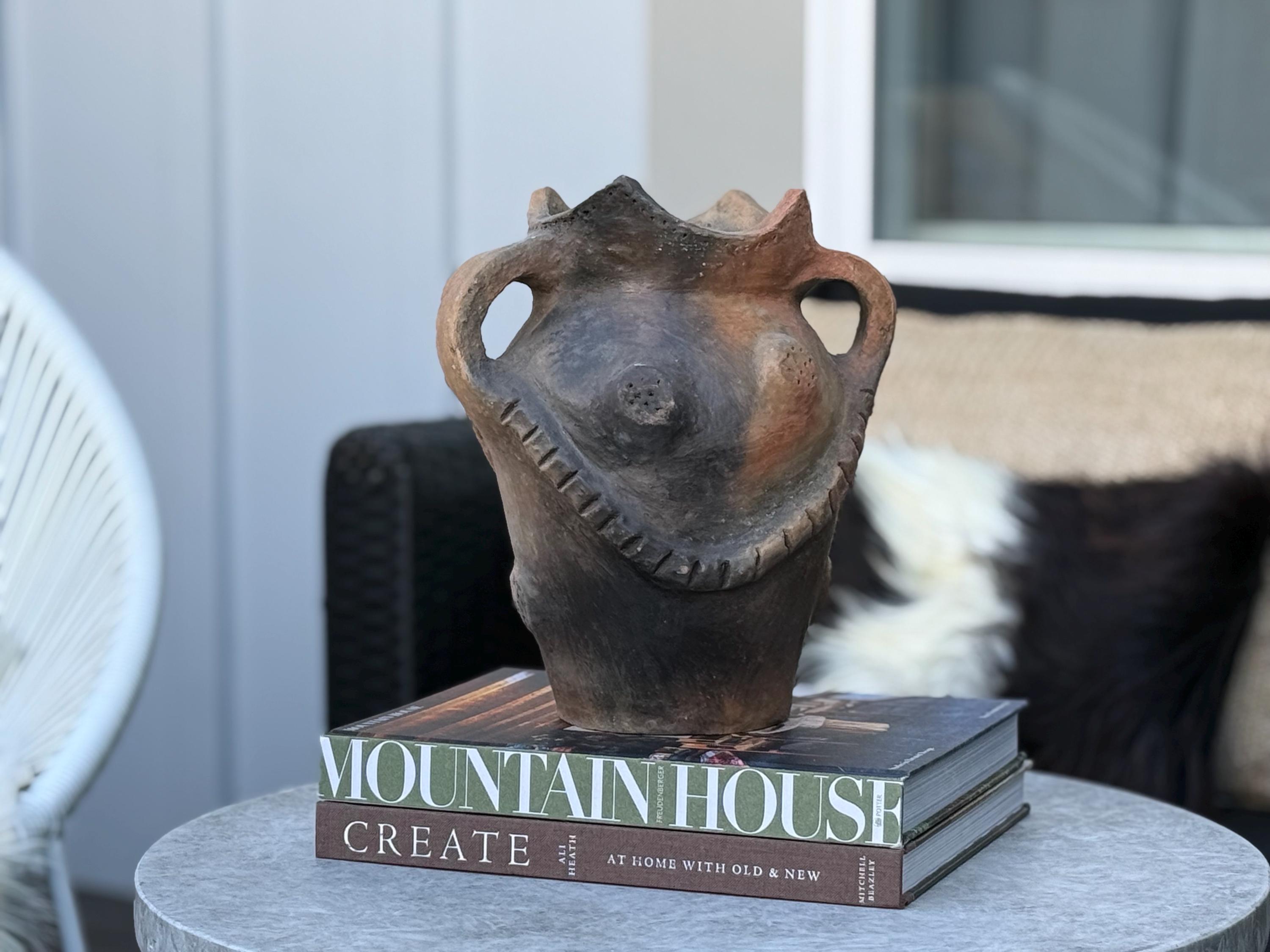 Hand-Carved Terracotta Vessel: Rustic Boho Figural Art Vase, Primitive, Wabi-Sabi Decor