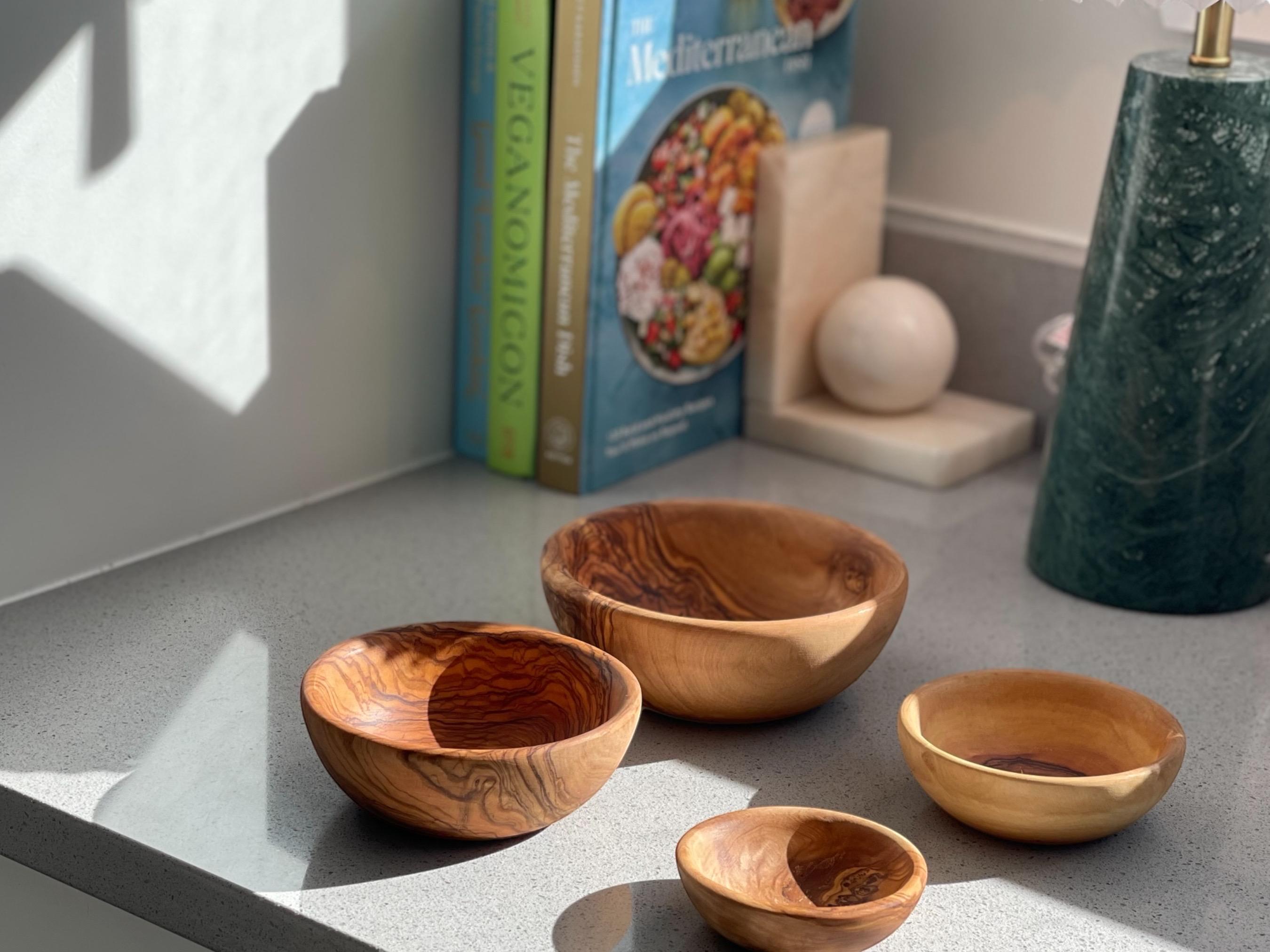 Hand-Carved Olive Wood Nesting Bowls & Plates (5.12" Largest) - Premium Olive Wood, Rustic Kitchen Decor, Serving Bowls, Gift Idea - Thumbnail 3