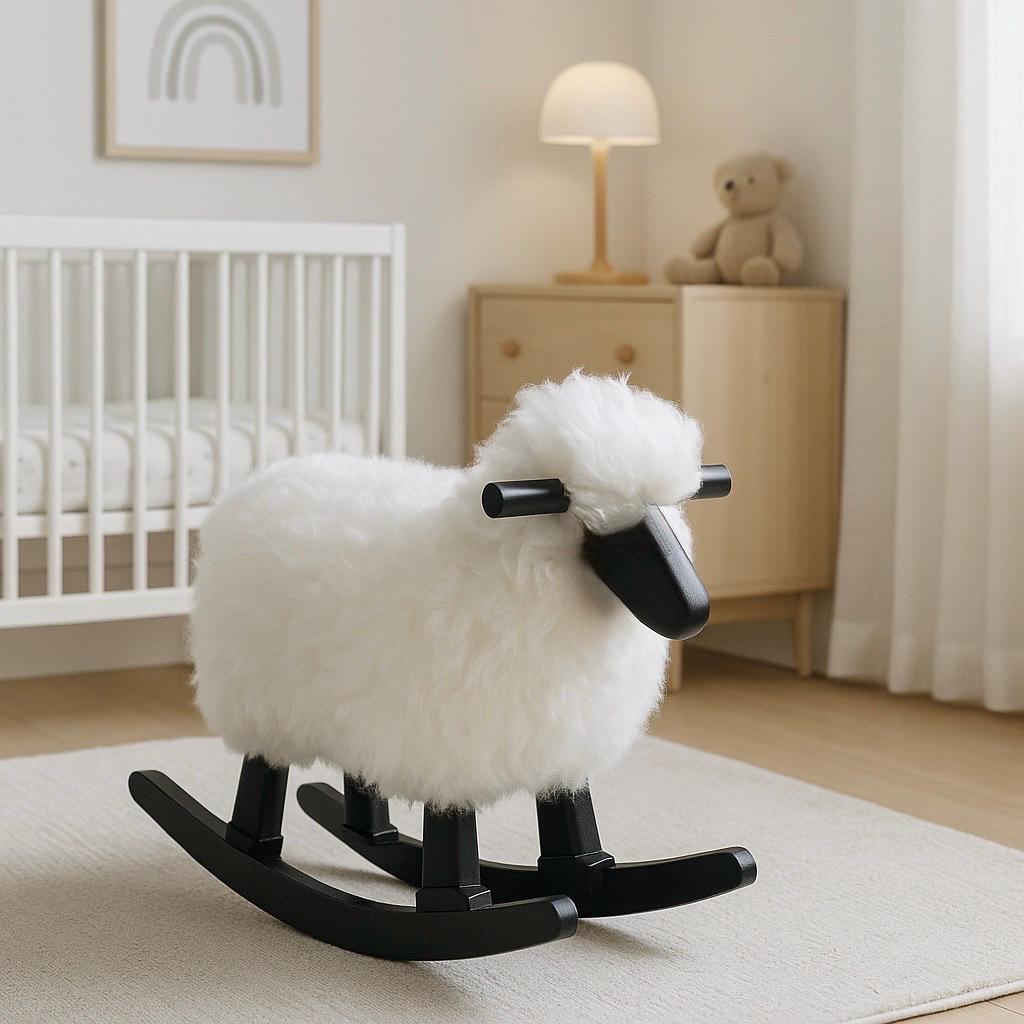 Handmade Sheepskin Wooden Rocking Sheep – Luxury Nursery Decor - Thumbnail 5