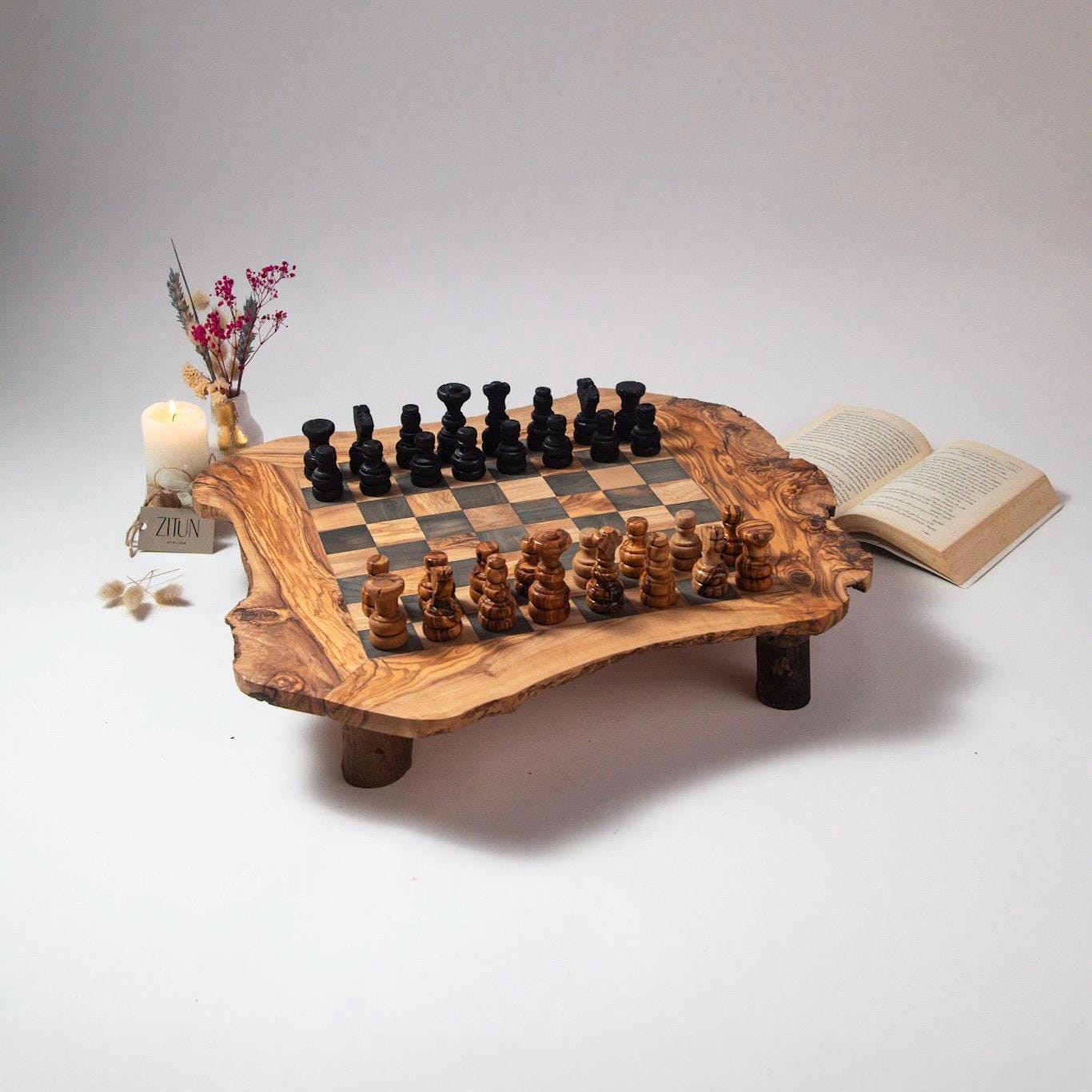 Handmade Olive Wood Chess Set: Rustic Board Game with Riser