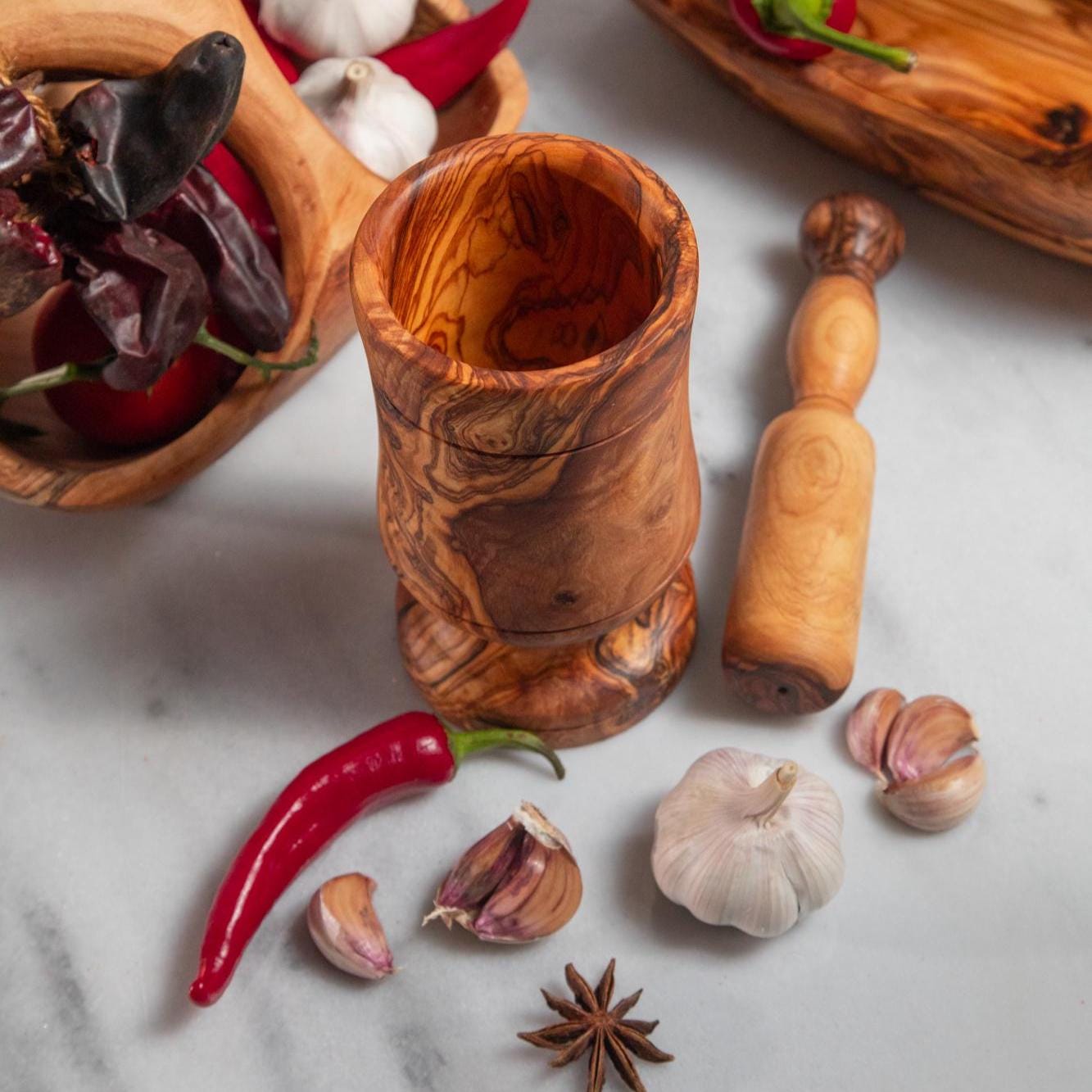 Olive Wood Mortar and Pestle Set | Rustic Herb Grinder - Thumbnail 7