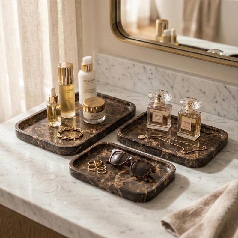 Luxury Brown Marble Vanity Tray - Handmade Natural Stone Tray - Bathroom Organizer Set - Hand Polished Decorative Tray for Housewarming Gift image 11
