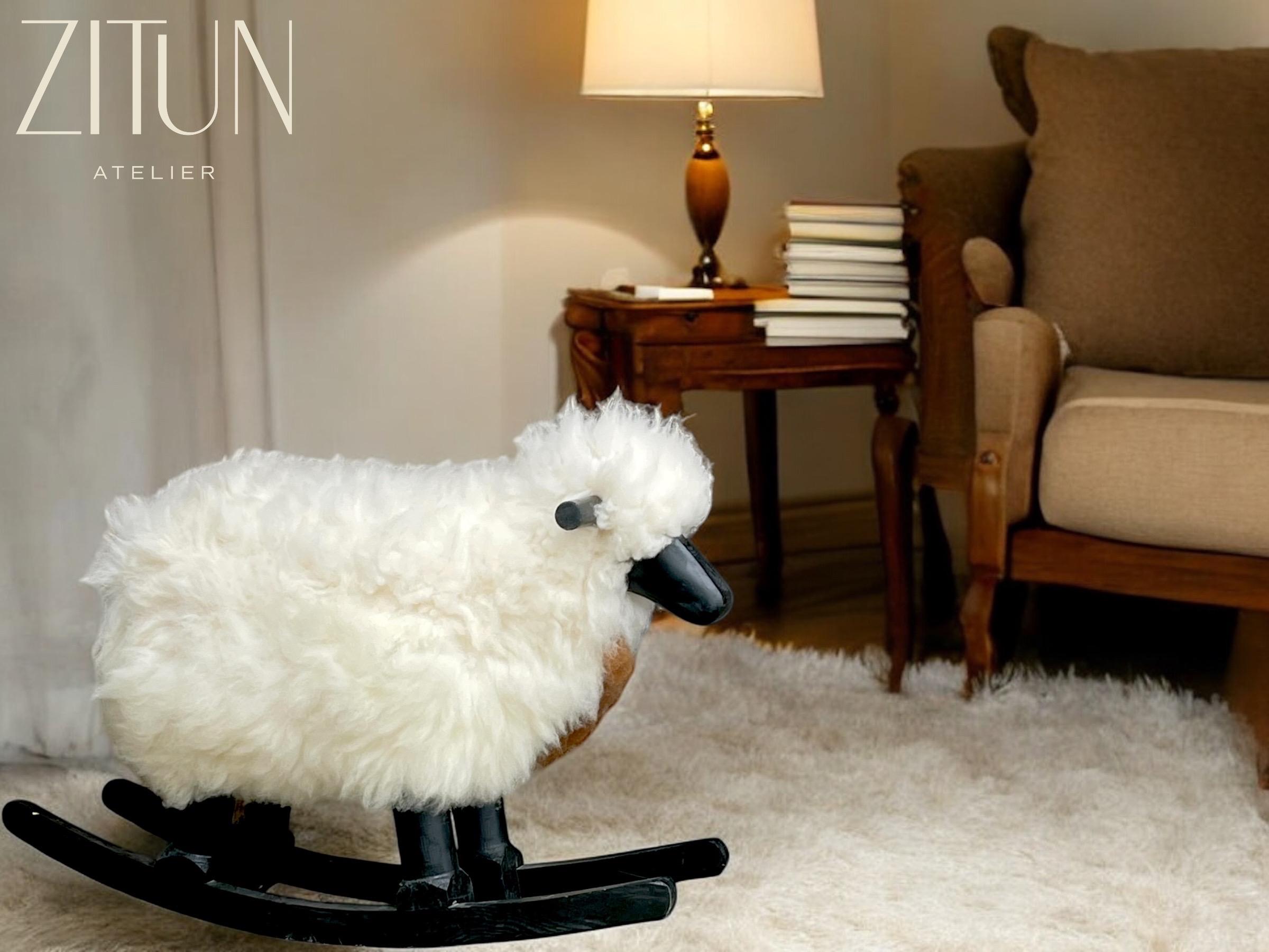 Sheep Rocking Chair, Sheep with Real Wool and Red Wood, Nursery Decorative Sheep Rocking chair |  Unique Gift Idea| Authentic Sheep Fleece - Thumbnail 2