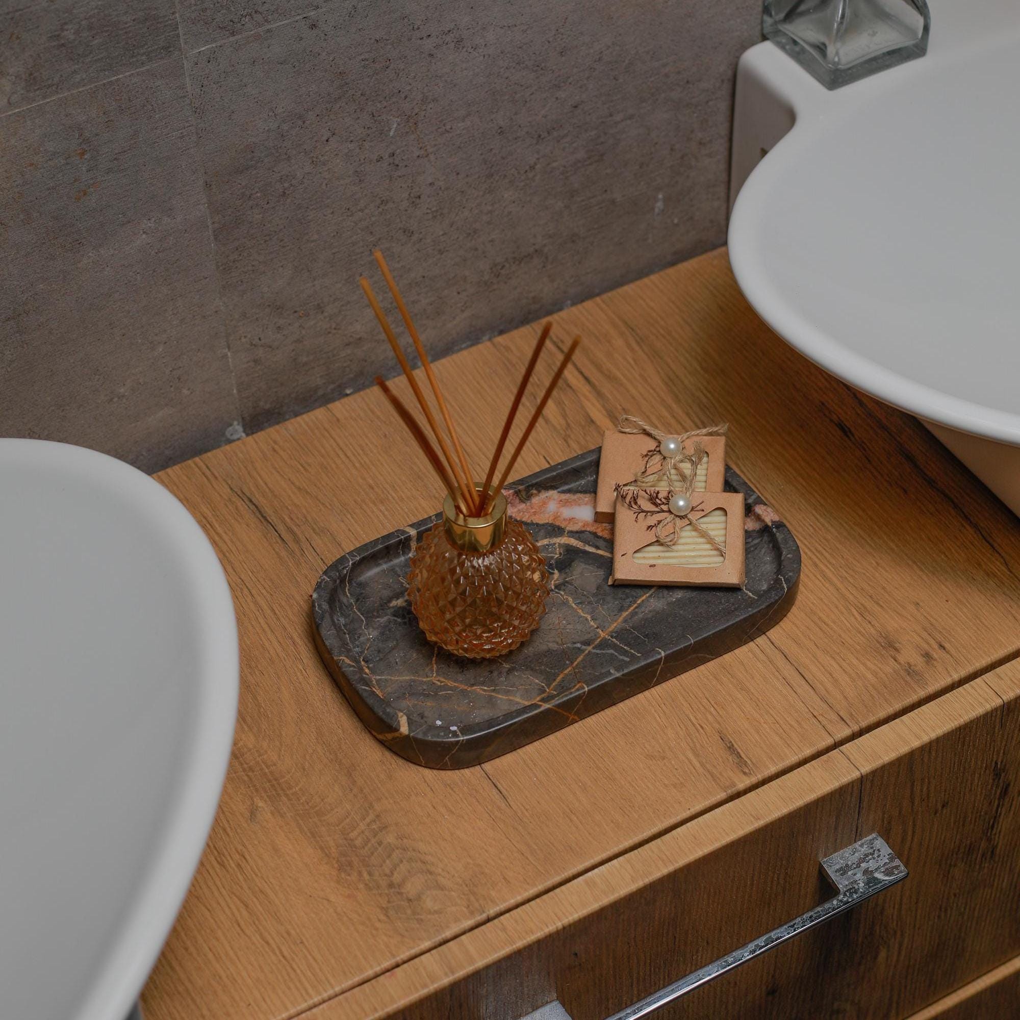 Beige earth tone Marble Tray – Handmade Natural Stone Vanity and Bathroom Organizer - Thumbnail 6