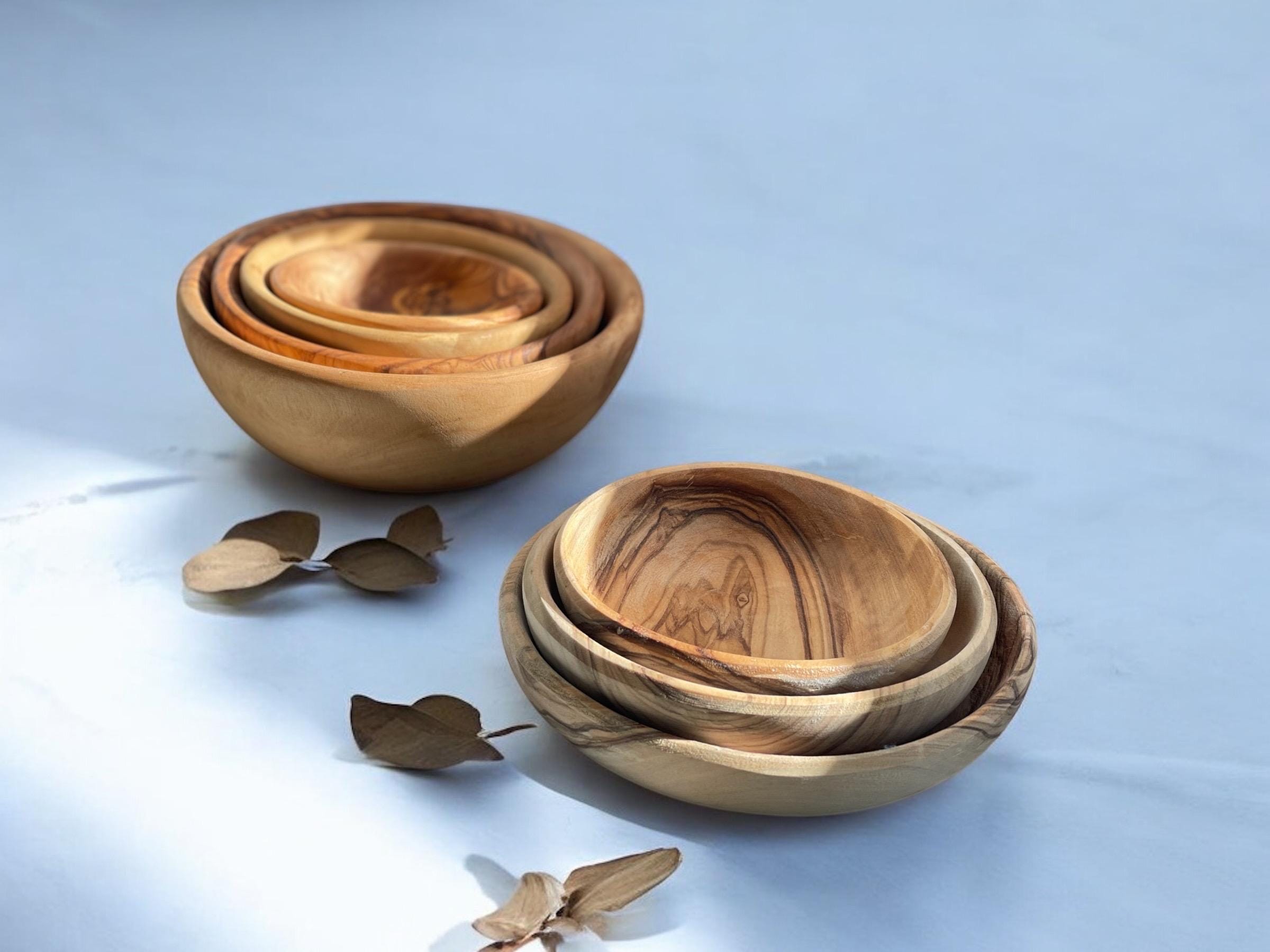 Hand-Carved Olive Wood Nesting Bowls & Plates (5.12" Largest) - Premium Olive Wood, Rustic Kitchen Decor, Serving Bowls, Gift Idea - Thumbnail 7