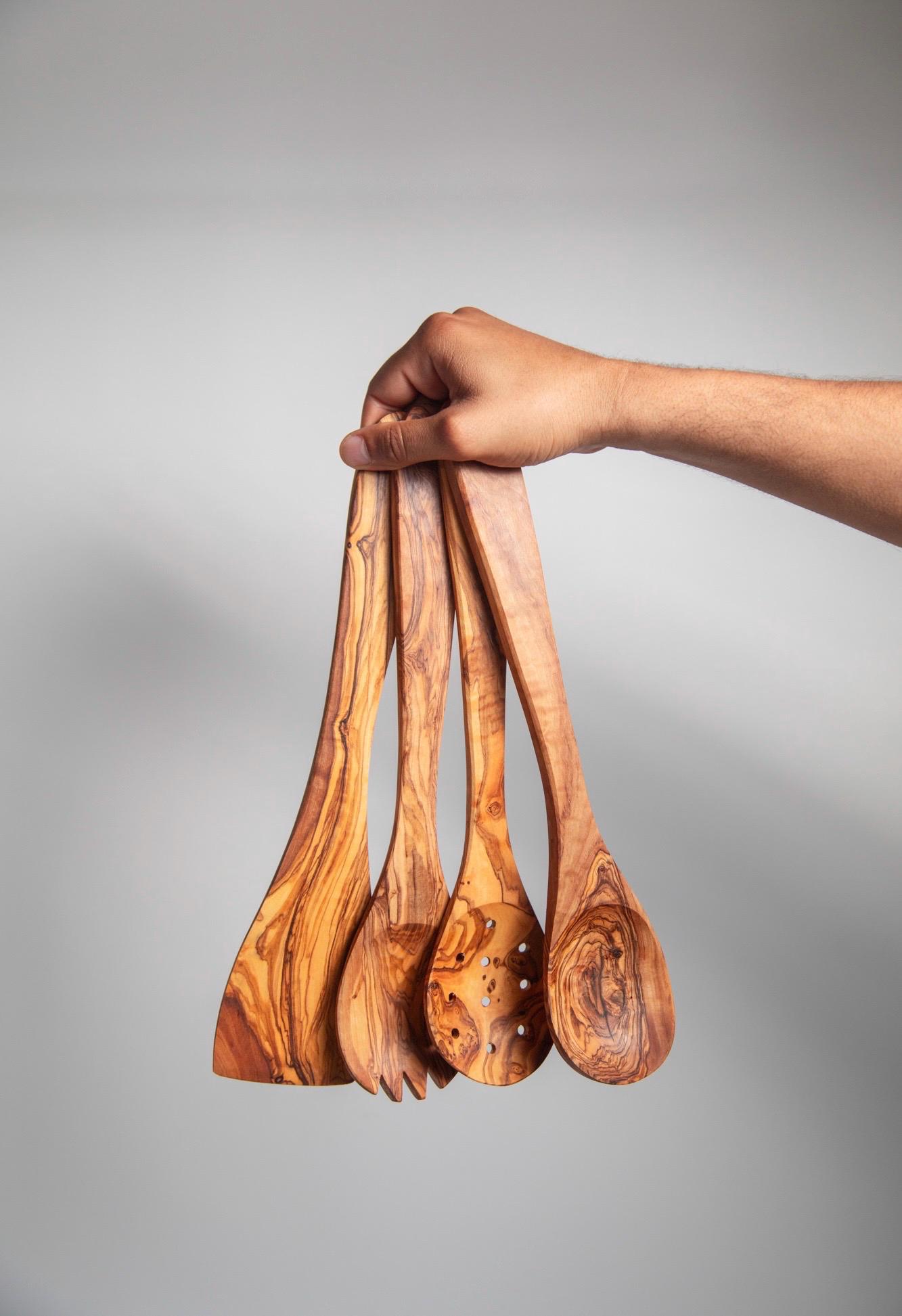 Olive Wood Utensil Set with Holder – Essential Kitchen Tools, Unique and Eco-Friendly Gift