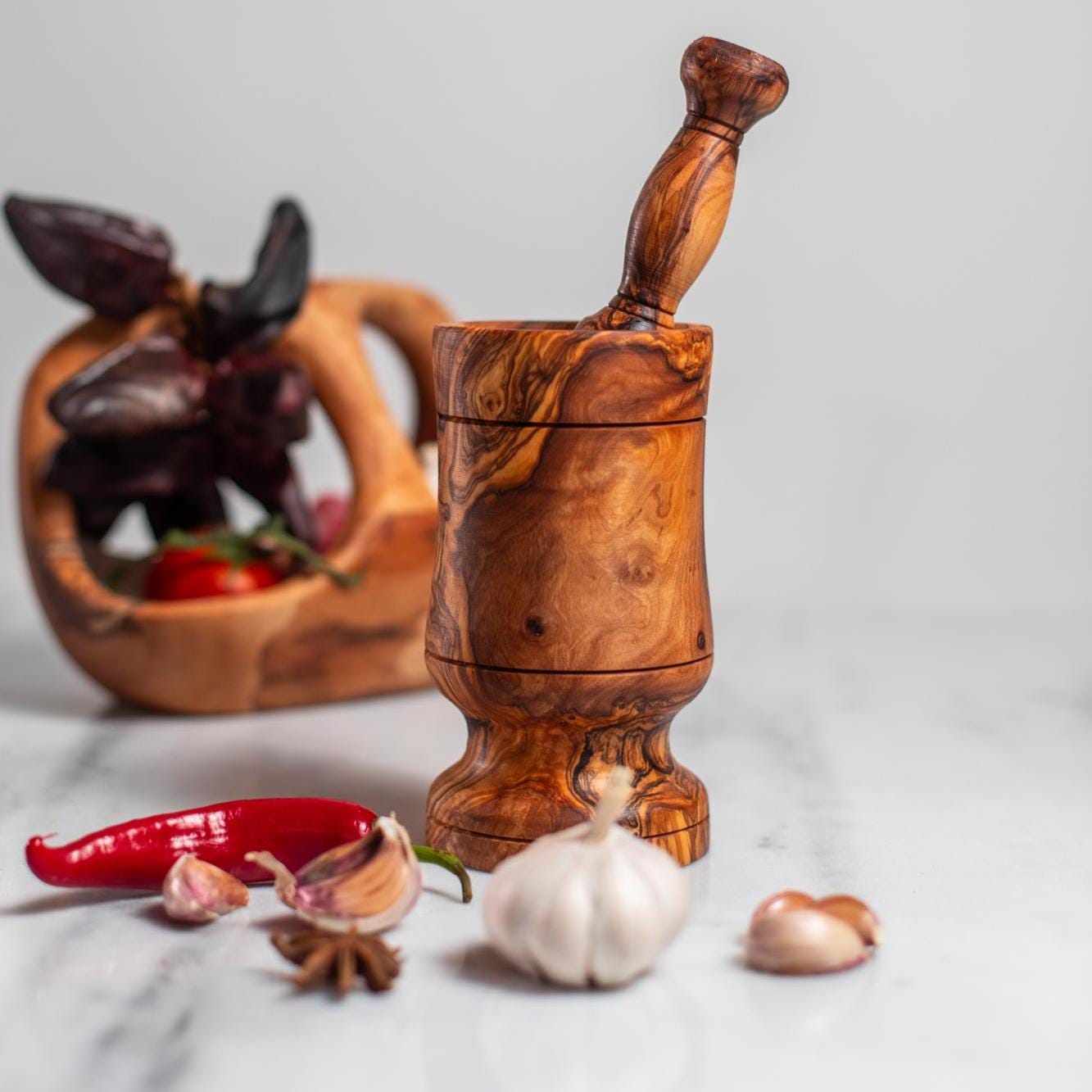 Olive Wood Mortar and Pestle Set | Rustic Herb Grinder - Thumbnail 6