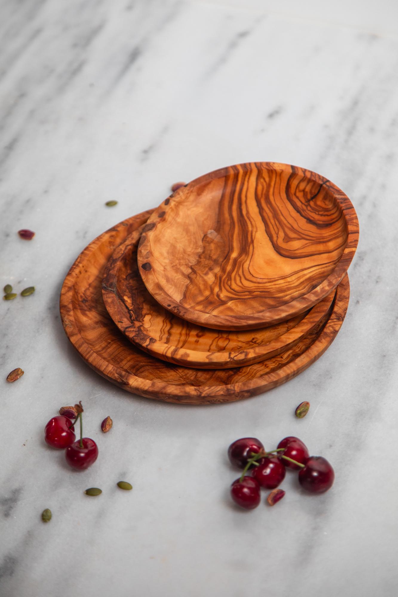 Set of 3 Olive Wood Plates – Handcrafted Snack & Serving Trays | Rustic Wooden Fruit and Dessert Plates, Natural Kitchenware - Thumbnail 7