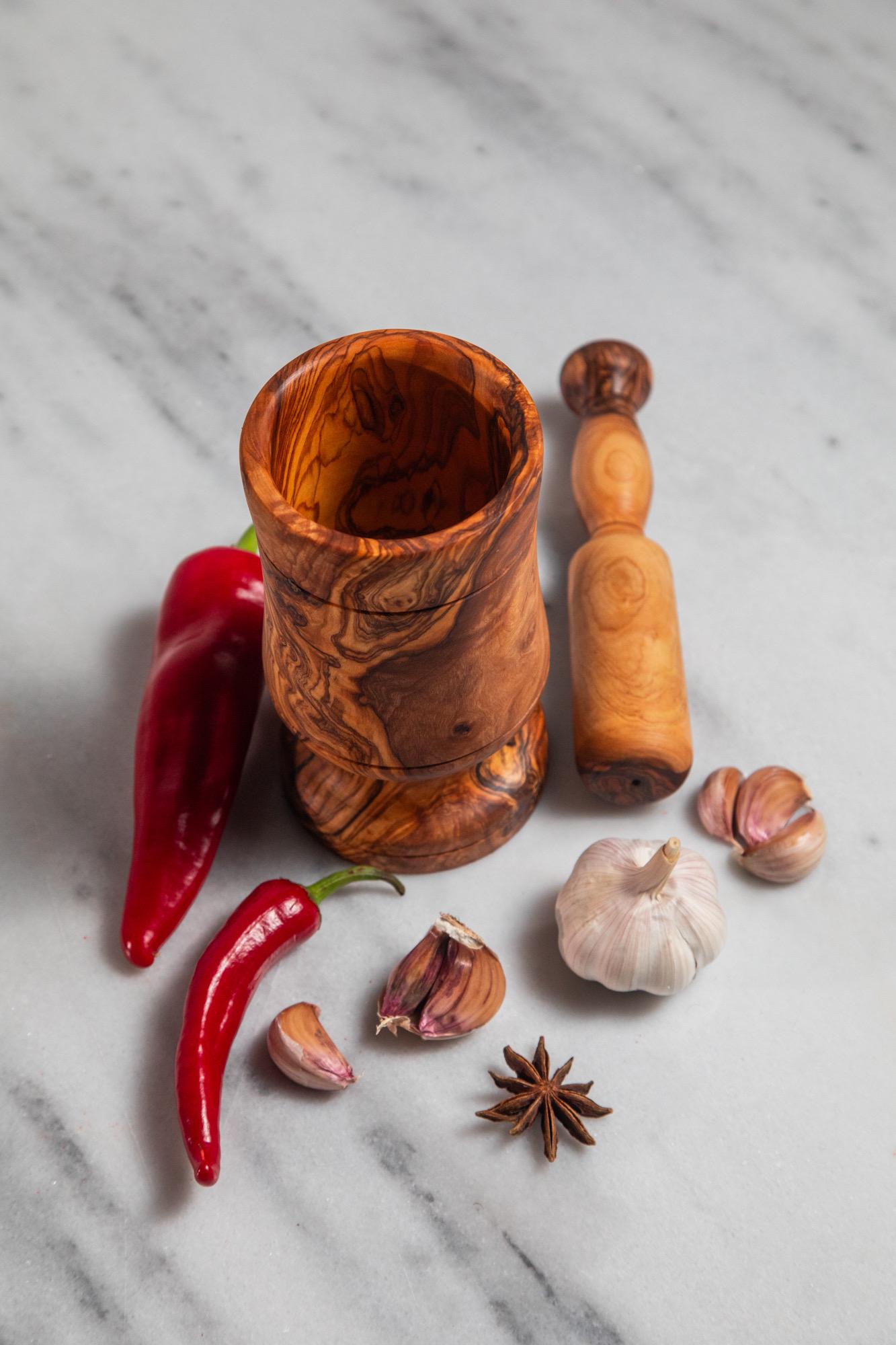 Olive Wood Mortar and Pestle – Handcrafted Rustic Spice Grinder | Herb Crusher, Kitchen Tool & Gift, Natural Wood - Thumbnail 2