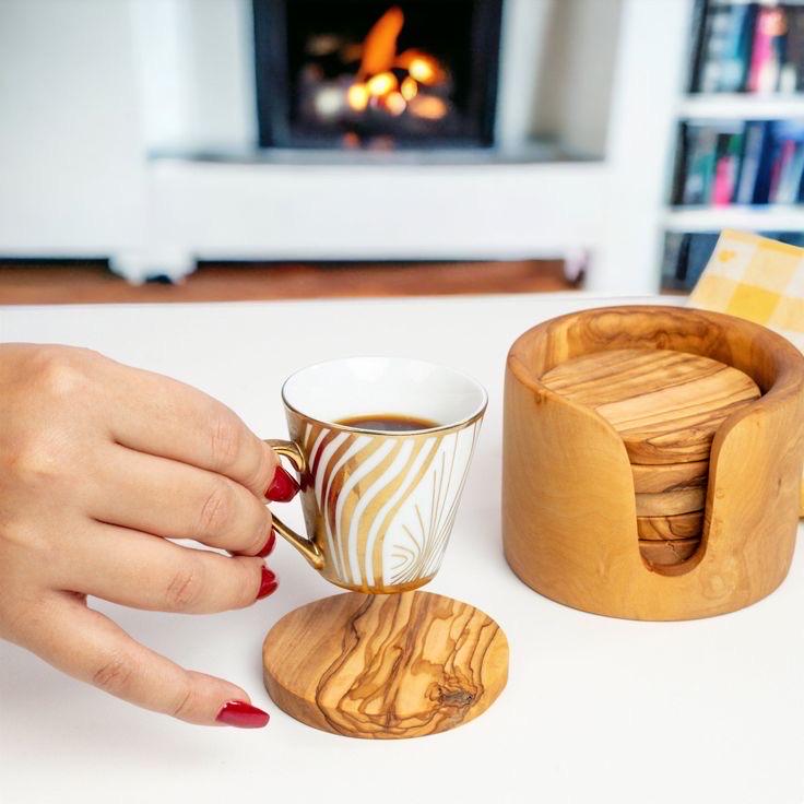 Coasters Set | Handmade with Olive Wood | Unique Rustic Wooden Coasters |Natural Coaster Set | handcrafted kitchenware |Set Of 6 Coasters - Thumbnail 5