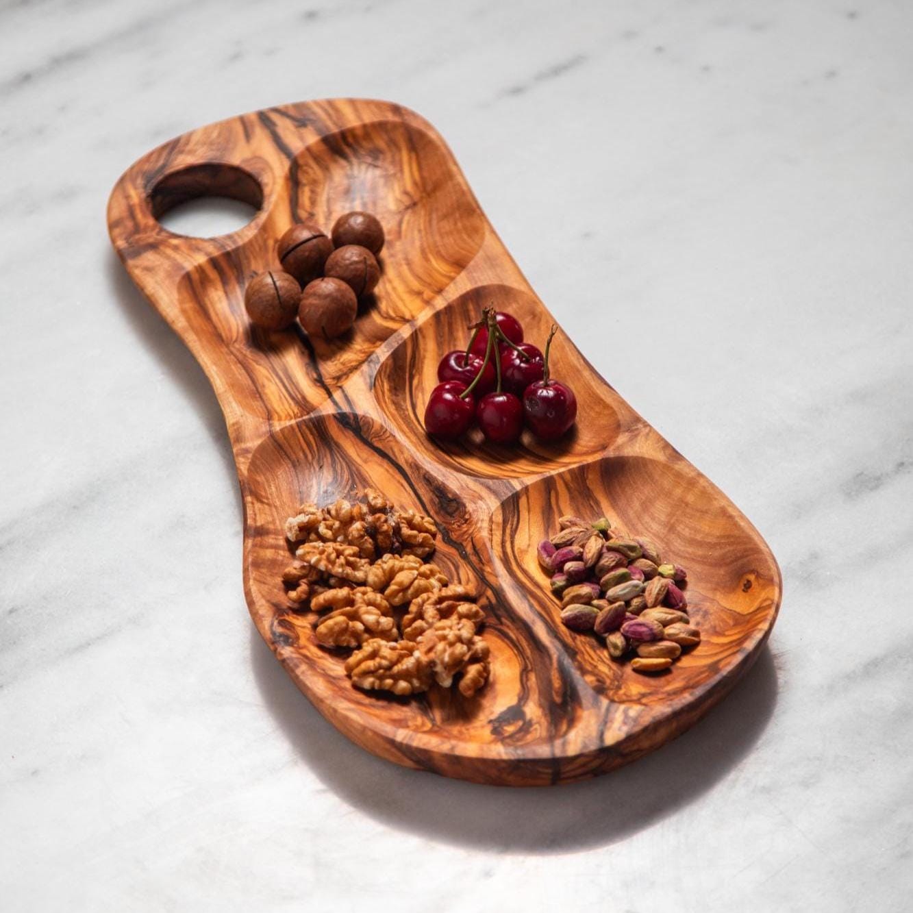 Olive Wood 4 Section Appetizer Tray for Nuts Fruits Snacks Dips Charcuterie | Rustic Handmade Segmented Serving Board for USA Kitchens - Thumbnail 5