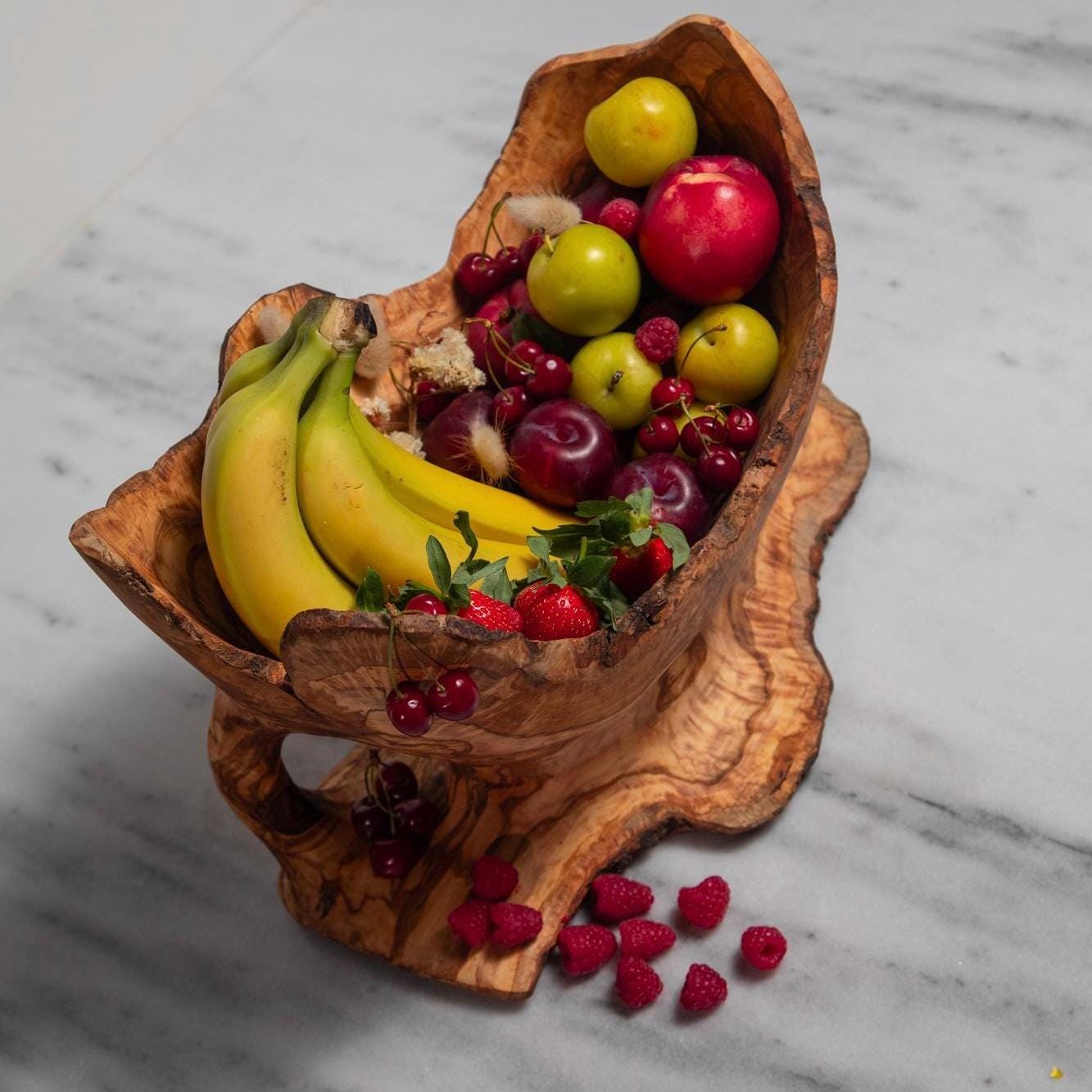 thanksgiving hosting gift – Handcrafted Olive Wood Fruit Bowl Centerpiece - Thumbnail 3