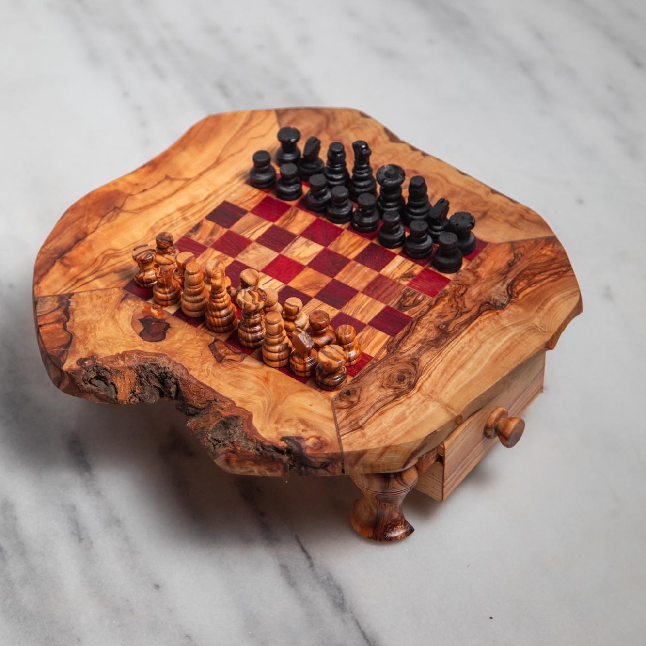 Handmade Olive Wood Chess Table – Red & Beige Squares – Game Table with Storage – Rustic Short-Leg Design – 3 Sizes - Thumbnail 3