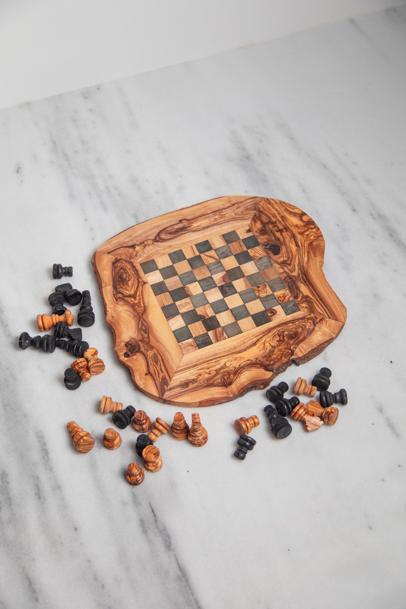 Handmade Olive Wood Chess Board | Rustic Premium Mediterranean Olive Wood Board - Thumbnail 2
