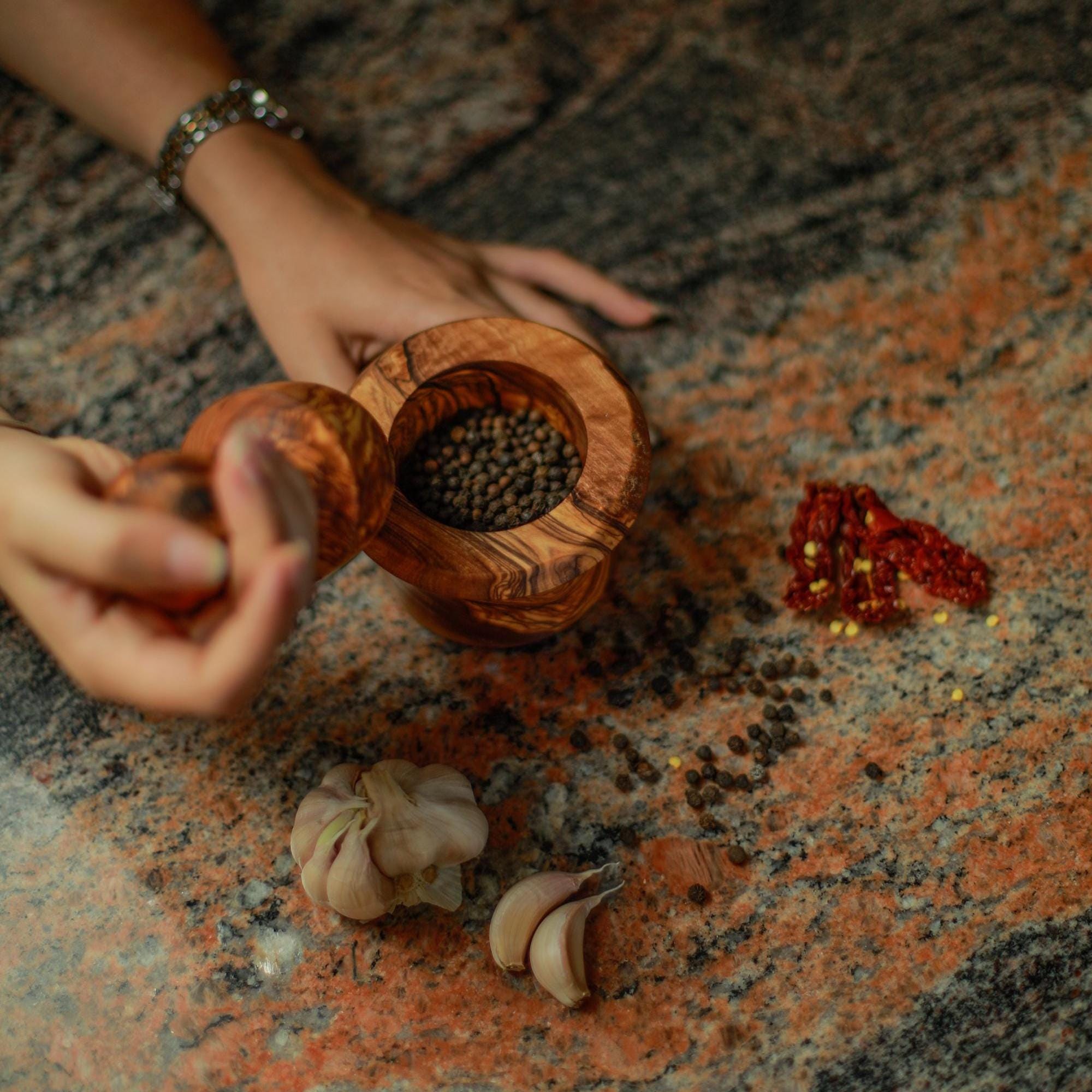 Traditional Mediterranean Olive Wood Mortar and Pestle – Herb & Garlic Crusher – Handmade Kitchen Tool – Rustic Spice Grinder - Thumbnail 6