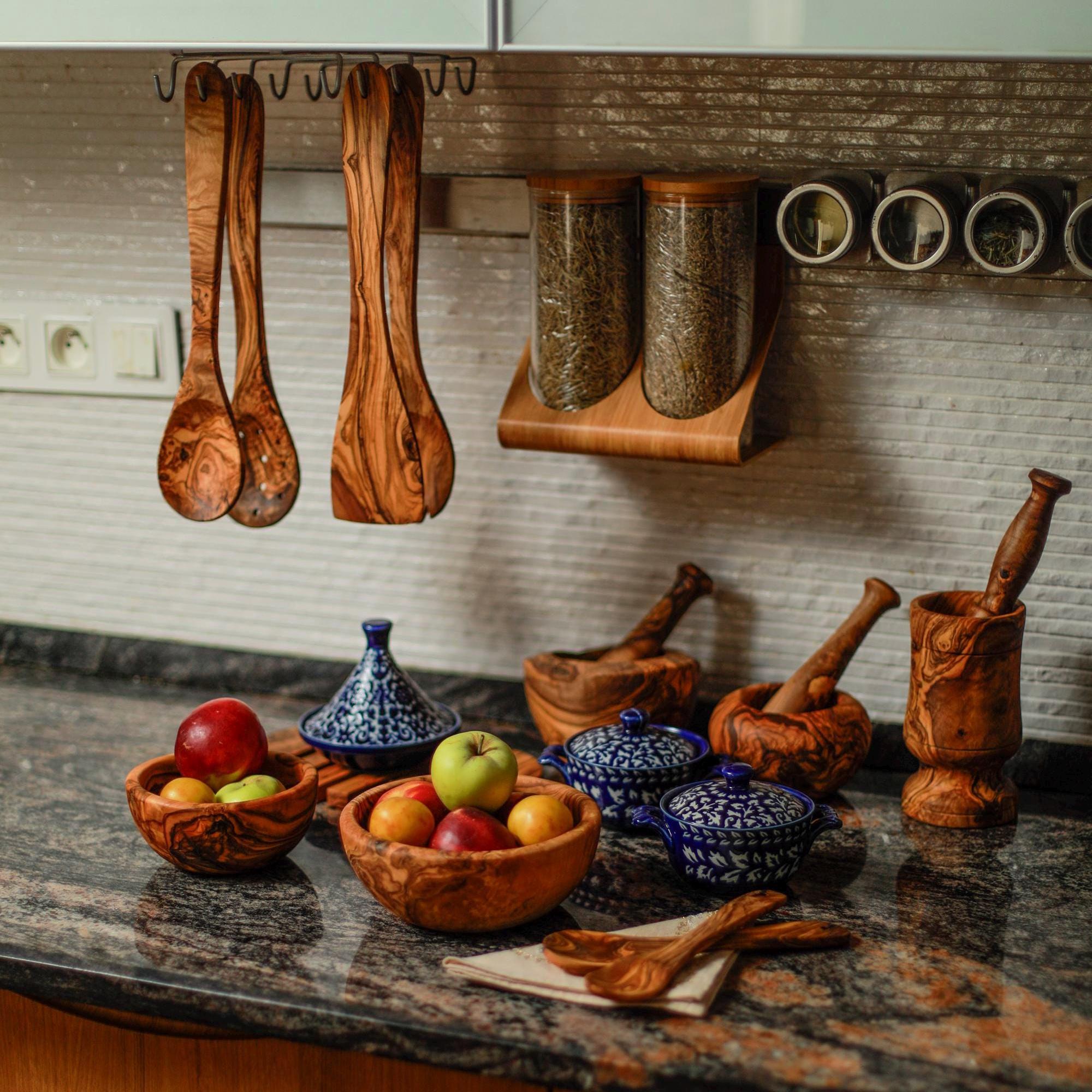 Handmade Olive Wood Utensil Set with Holder – Rustic Kitchen Tools - Thumbnail 4