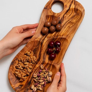 Handmade Olive Wood Snack Tray - Freeform Charcuterie Dish with 4 Sections - Natural Snack & Charcuterie Board - Organic Serving Platter
