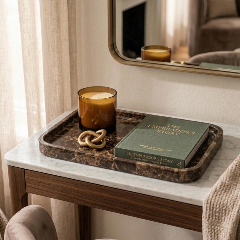 Luxury Brown Marble Vanity Tray - Handmade Natural Stone Tray - Bathroom Organizer Set - Hand Polished Decorative Tray for Housewarming Gift image 13