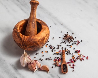 Rustic Olive Wood Mortar and Pestle - Handmade Grinder for Herbs & Seeds - Natural Eco Friendly Organic Kitchen Gifts - Kitchen Accessory