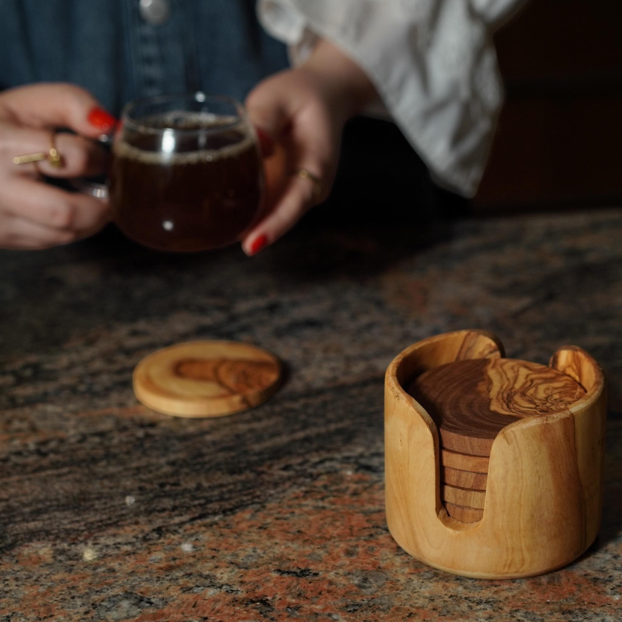 Coasters Set | Handmade with Olive Wood | Unique Rustic Wooden Coasters |Natural Coaster Set | handcrafted kitchenware |Set Of 6 Coasters - Thumbnail 4