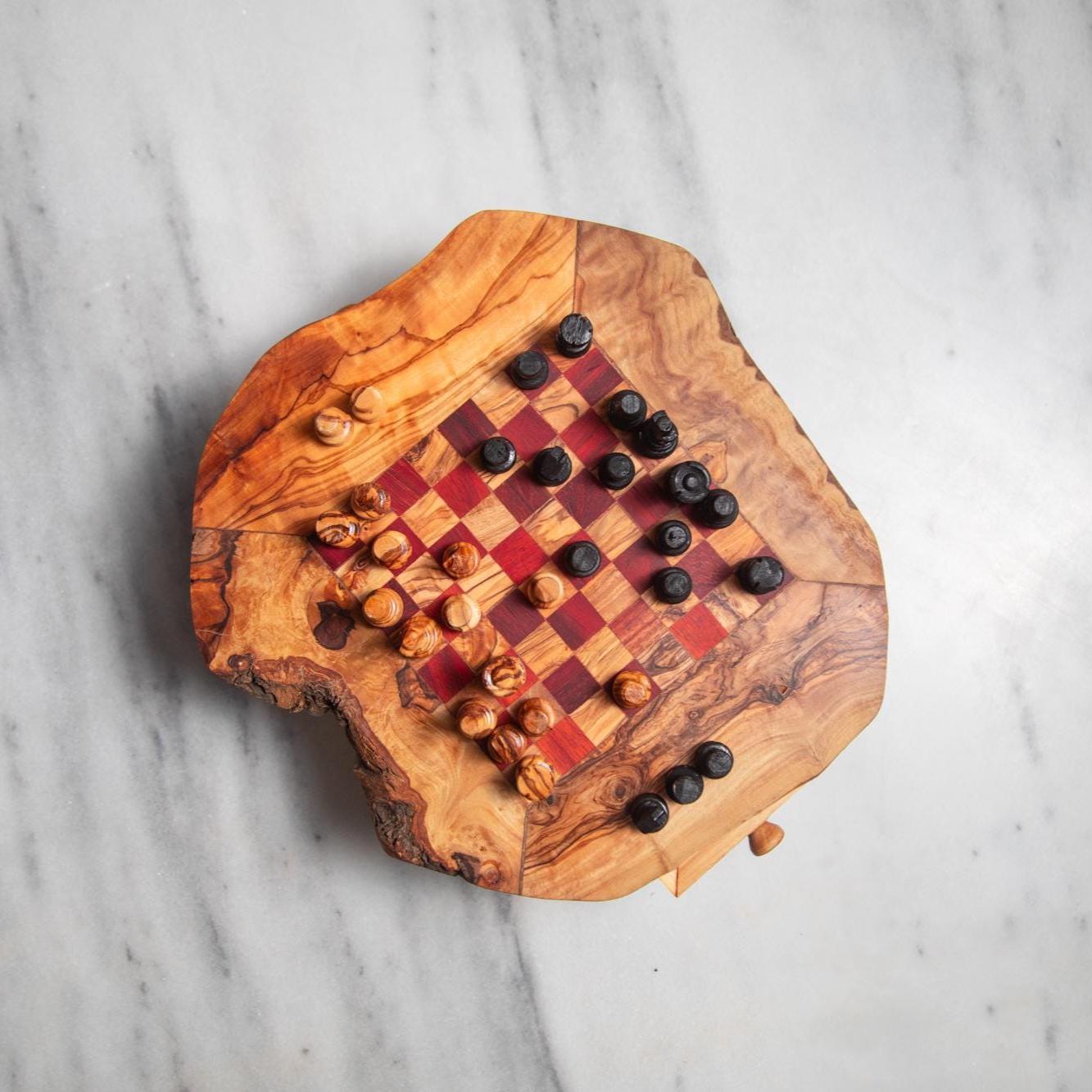Handmade Olive Wood Chess Table – Red & Beige Squares – Game Table with Storage – Rustic Short-Leg Design – 3 Sizes - Thumbnail 5